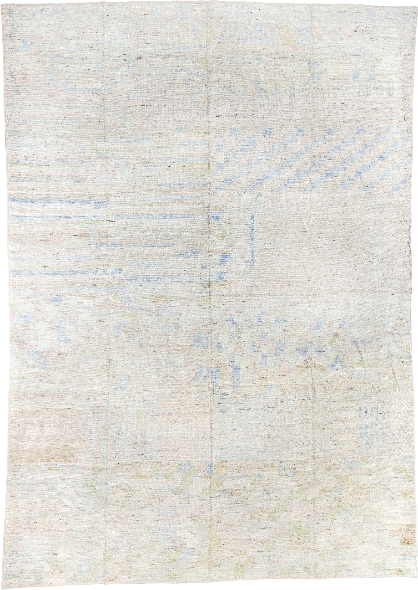 13' x 19' one-of-a-kind handmade vintage Tulu oversize rug. Color palette: ivory, pale blue, cream, celadon, taupe
