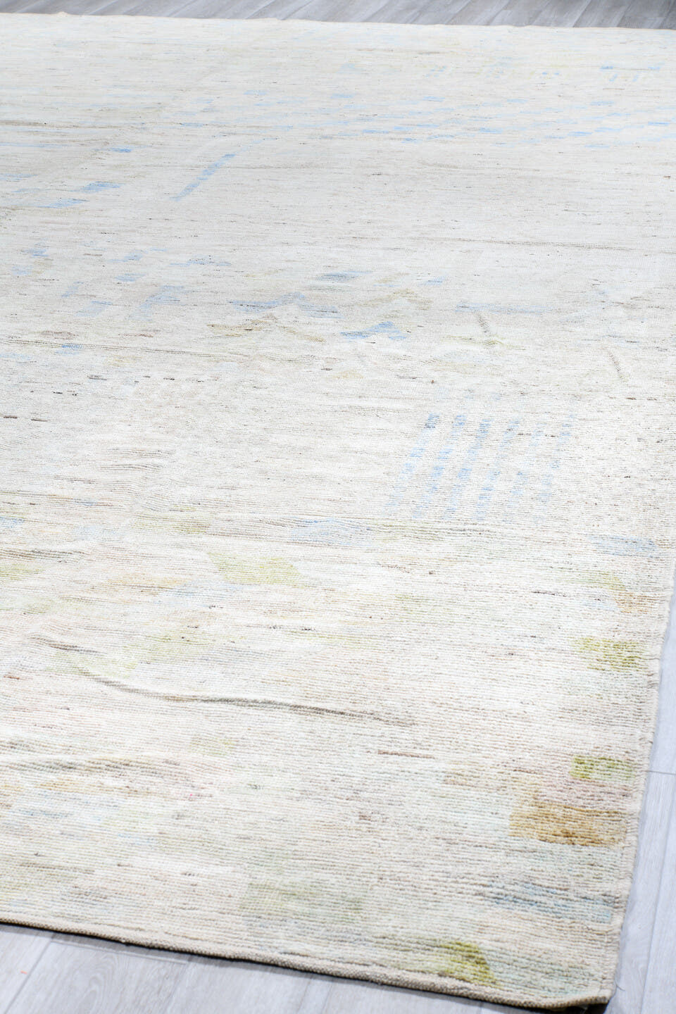 13' x 19' one-of-a-kind handmade vintage Tulu oversize rug. Color palette: ivory, pale blue, cream, celadon, taupe
