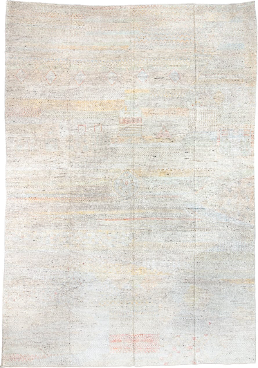 13' x 19' one-of-a-kind handmade vintage Tulu oversize rug. Color palette: ivory, cream, pale blue, blush, sand