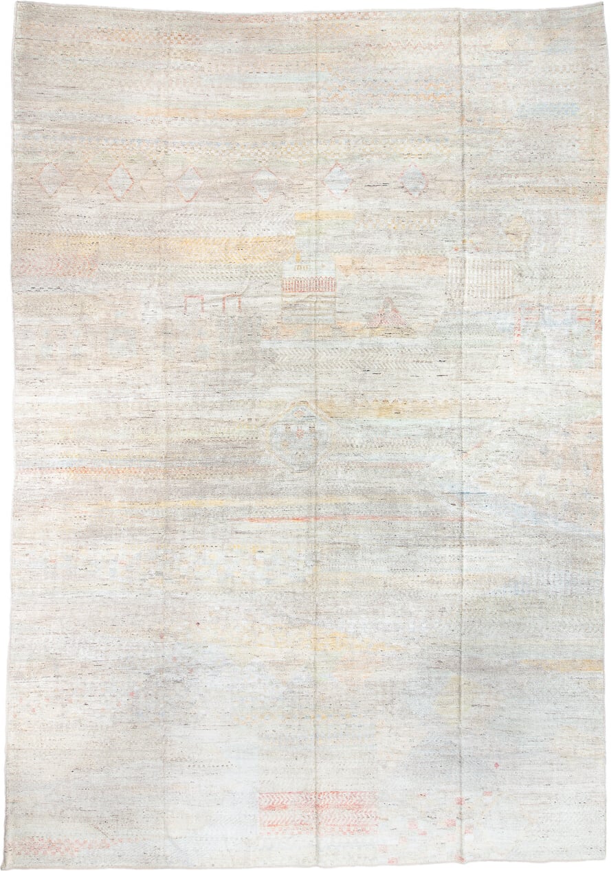 13' x 19' one-of-a-kind handmade vintage Tulu oversize rug. Color palette: ivory, cream, pale blue, blush, sand