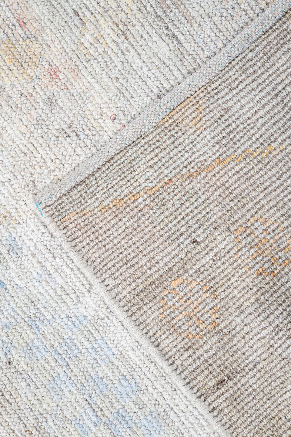 13' x 19' one-of-a-kind handmade vintage Tulu oversize rug. Color palette: ivory, cream, pale blue, blush, sand
