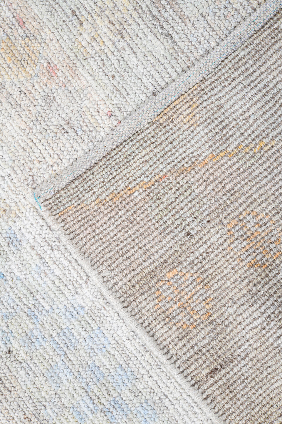 13' x 19' one-of-a-kind handmade vintage Tulu oversize rug. Color palette: ivory, cream, pale blue, blush, sand
