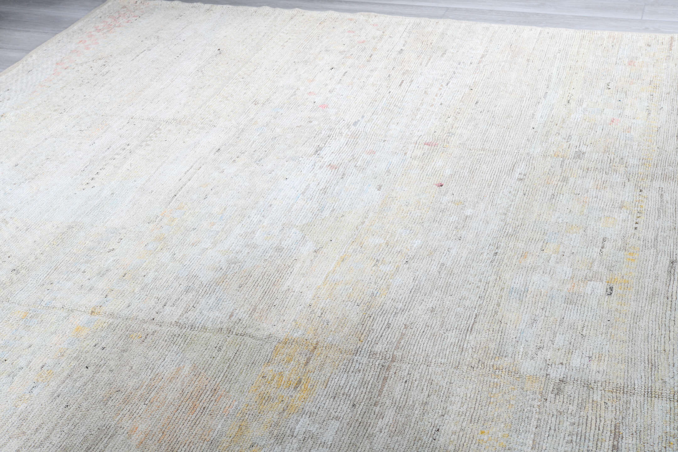 13' x 19' one-of-a-kind handmade vintage Tulu oversize rug. Color palette: ivory, cream, pale blue, blush, sand