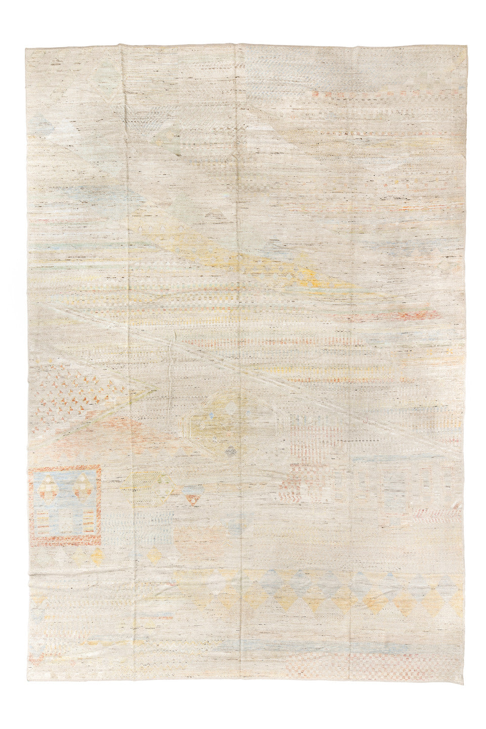 13' x 19' one-of-a-kind handmade vintage Tulu oversize rug. Color palette: brown, gainsboro, gray, light gray, off-white