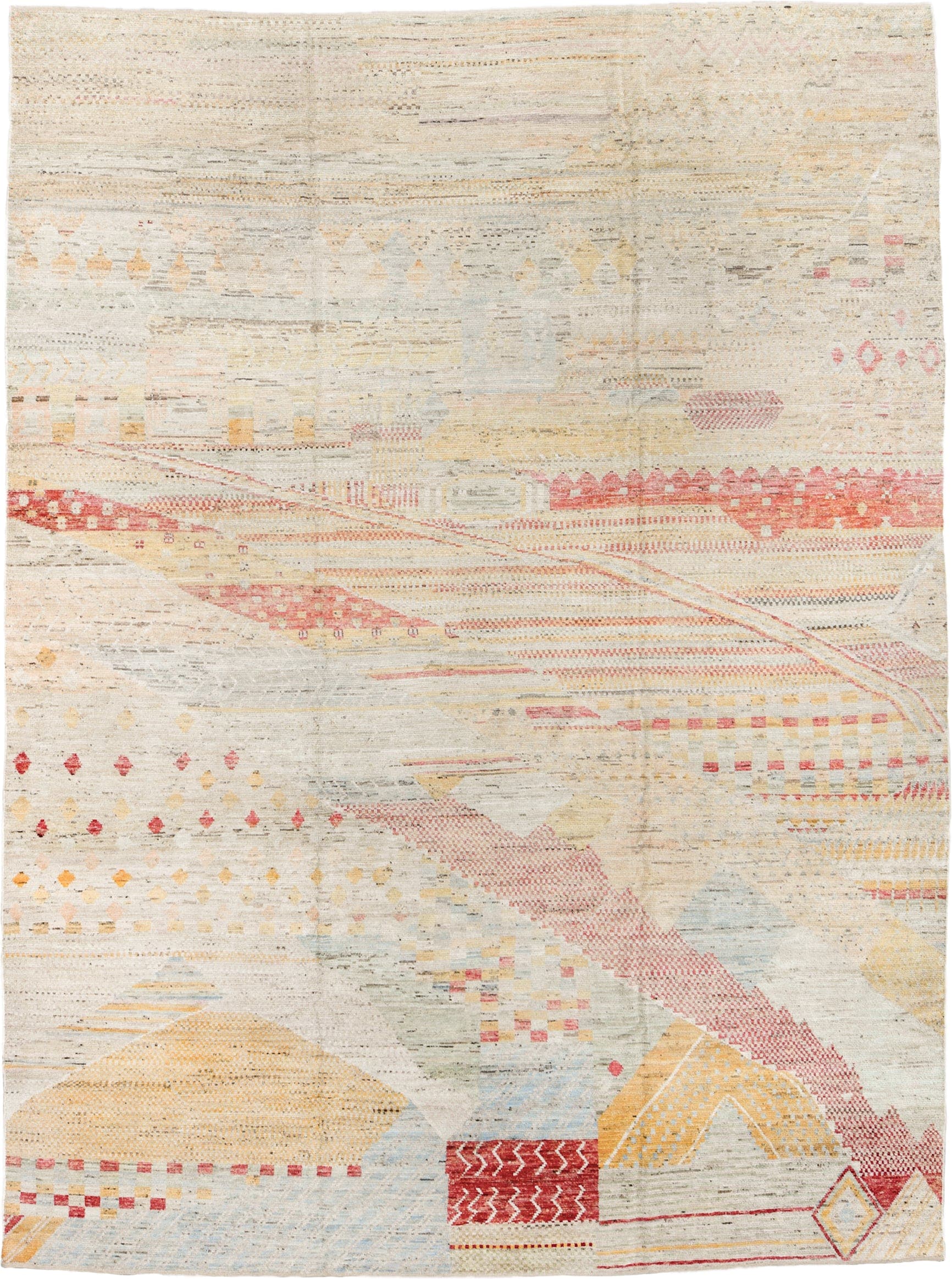 10' x 13' one-of-a-kind handmade vintage Tulu large size rug. Color palette: ivory, cream, pale blue, saffron, coral, sand
