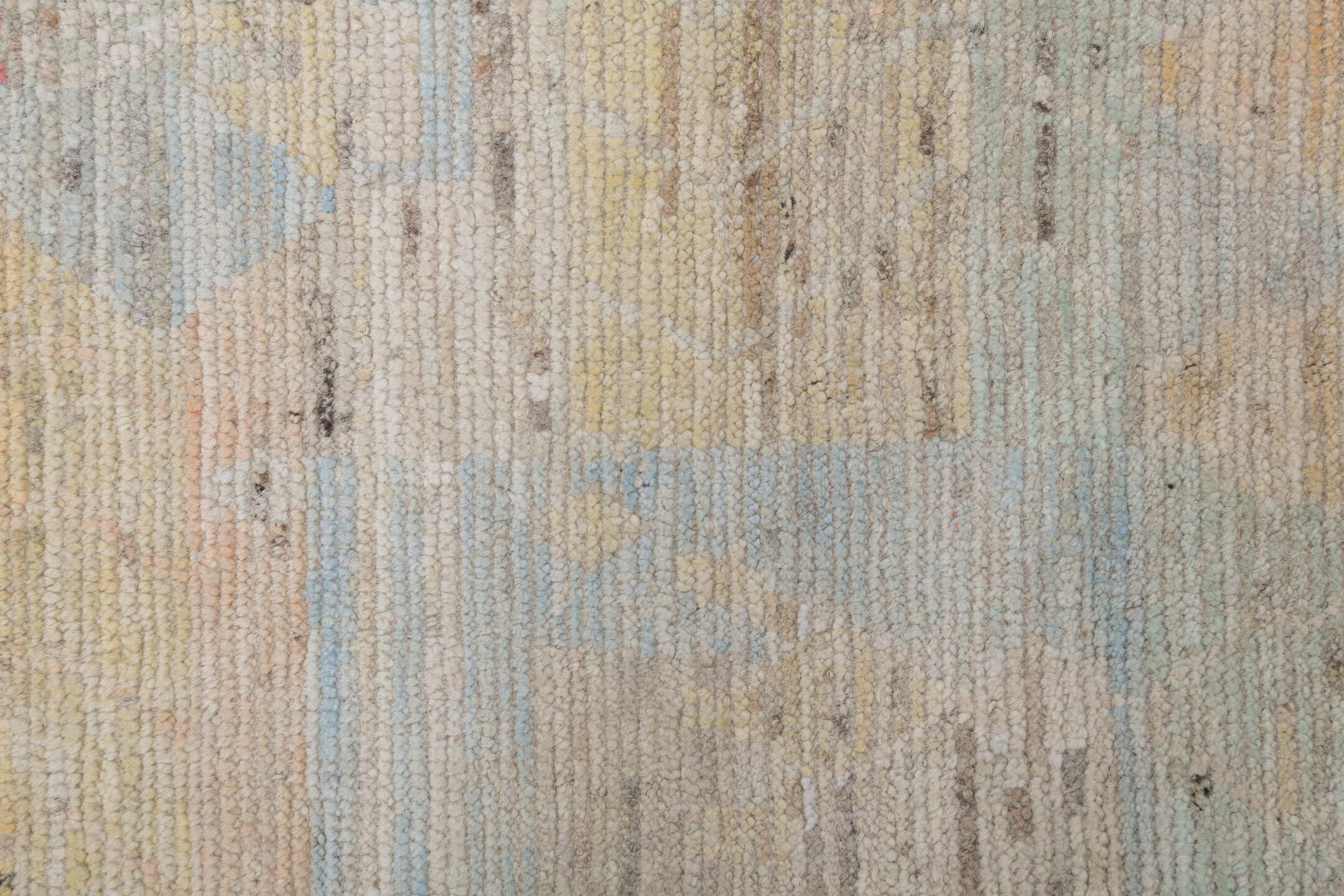 10' x 13' one-of-a-kind handmade vintage Tulu large size rug. Color palette: ivory, cream, pale blue, saffron, coral, sand
