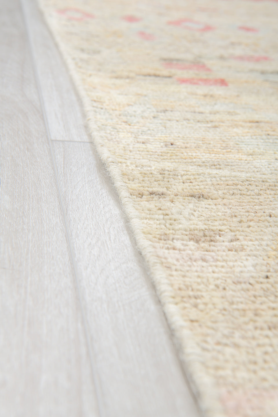 10' x 13' one-of-a-kind handmade vintage Tulu large size rug. Color palette: ivory, cream, pale blue, saffron, coral, sand