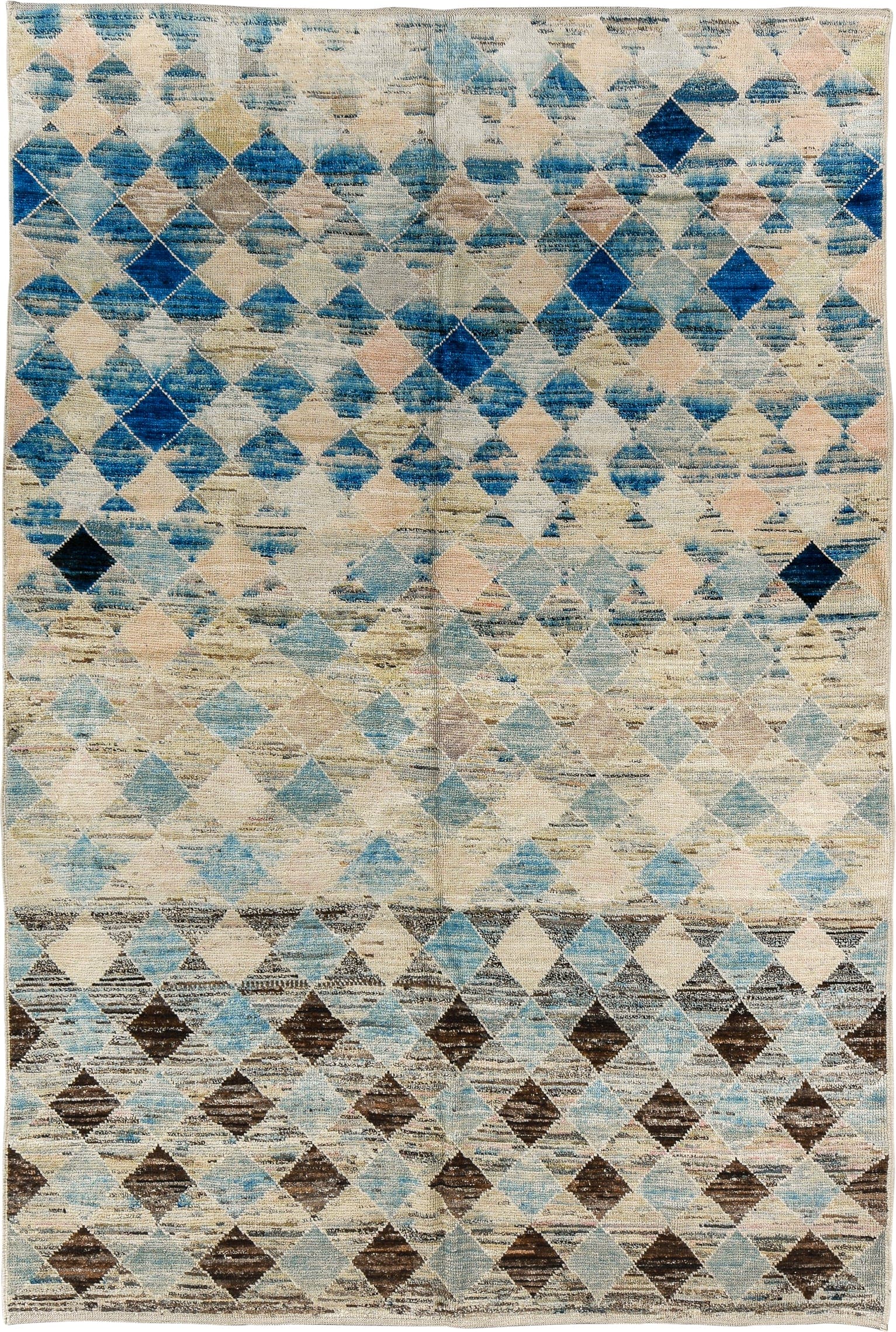 6' x 9' one-of-a-kind handmade vintage Tulu medium size rug. Color palette: ivory, sky_blue, taupe, indigo, brown, beige