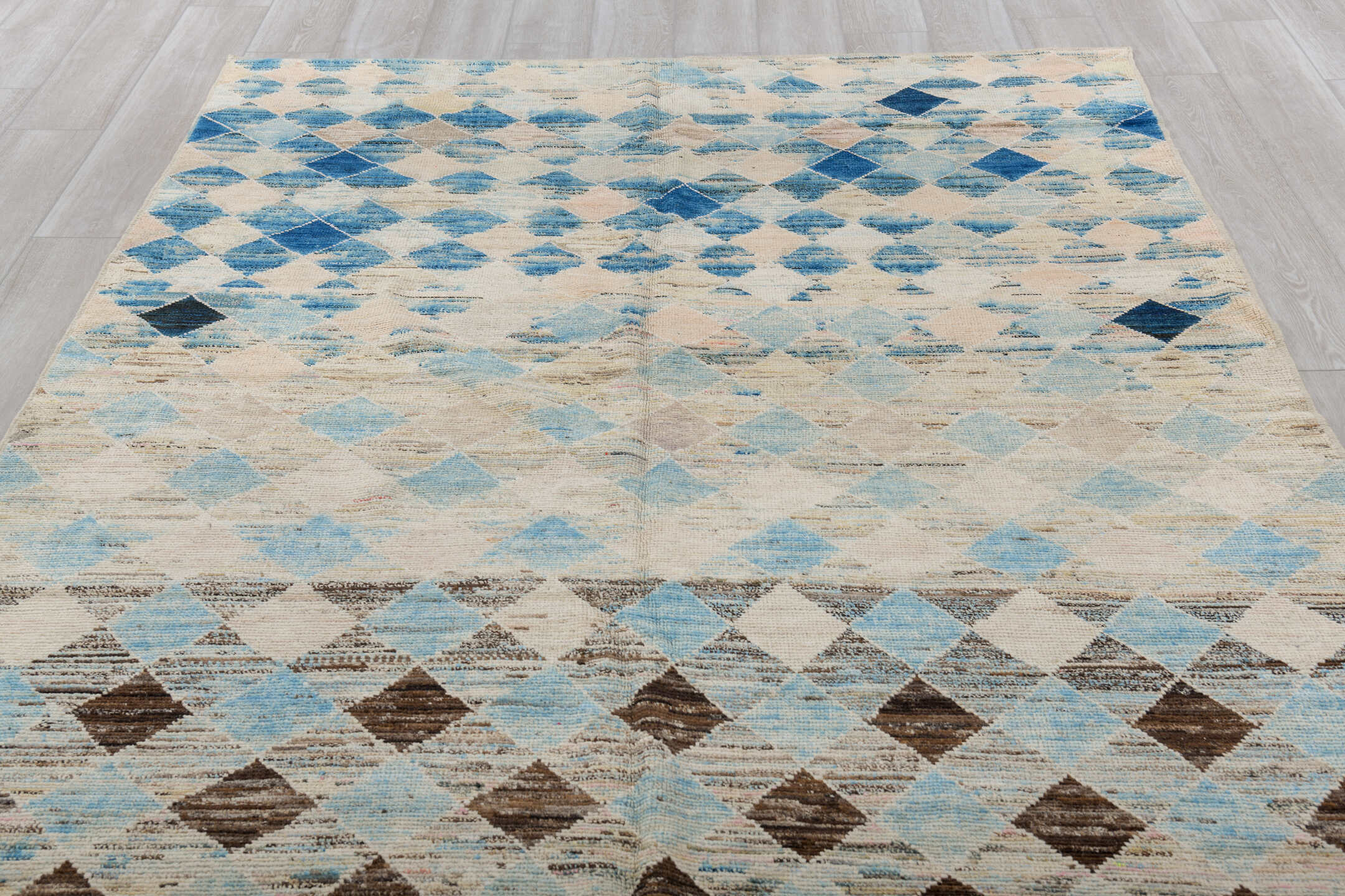 6' x 9' one-of-a-kind handmade vintage Tulu medium size rug. Color palette: blue, brown, gainsboro, gray, light blue