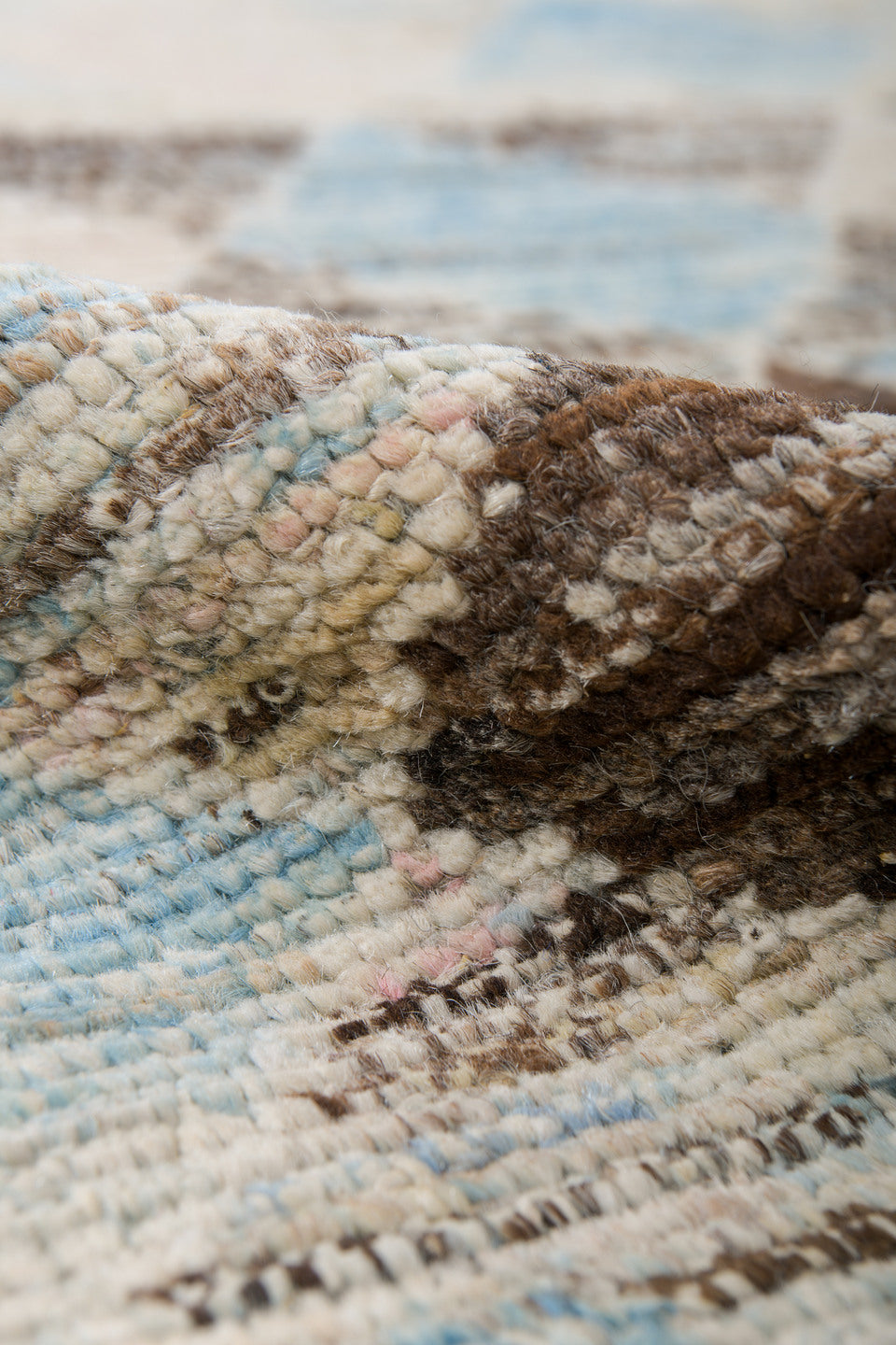 6' x 9' one-of-a-kind handmade vintage Tulu medium size rug. Color palette: ivory, sky_blue, taupe, indigo, brown, beige