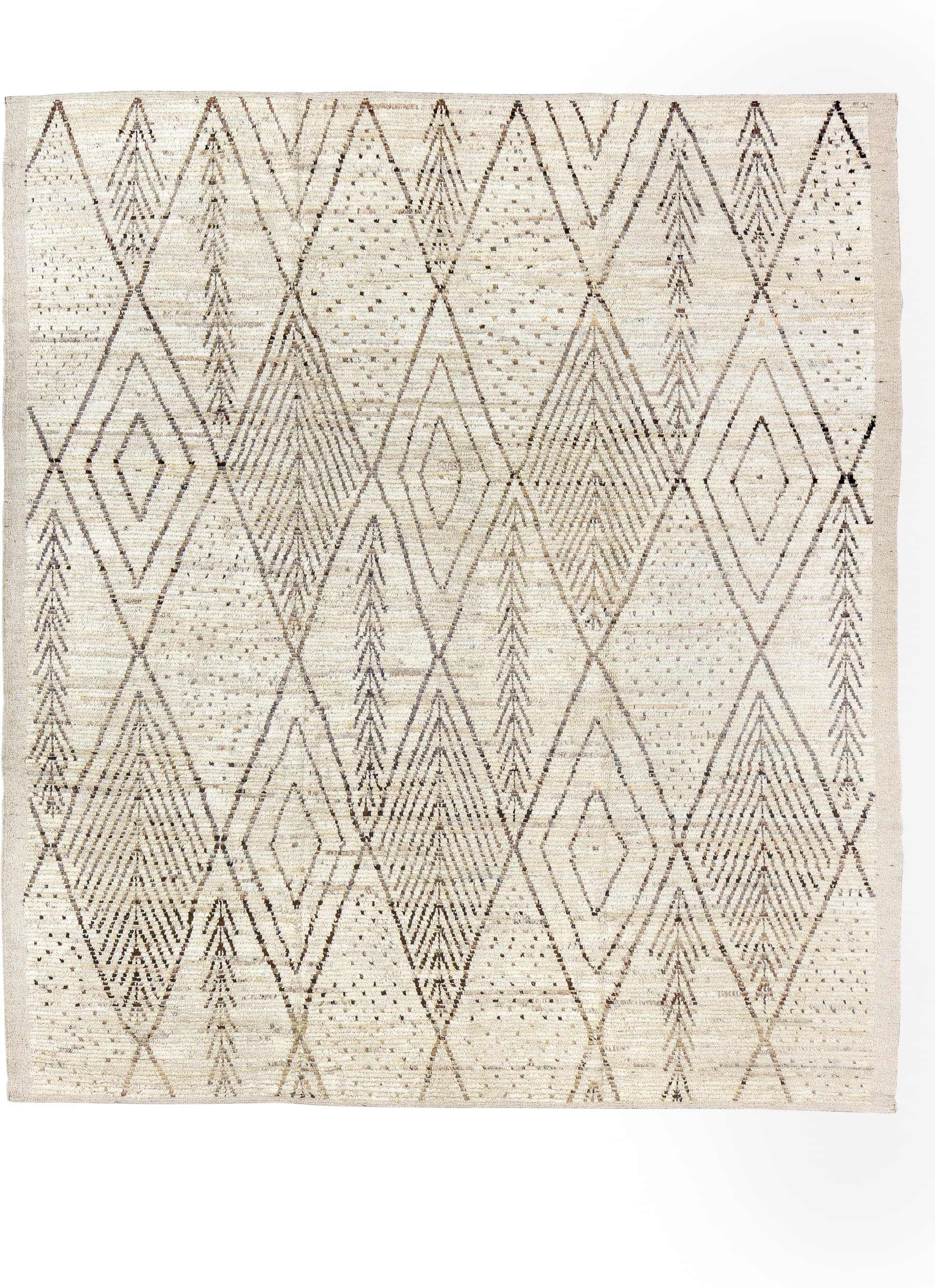 8' x 9' one-of-a-kind handmade vintage Tulu rug. Color palette: ivory, taupe, brown, cream, charcoal, beige, gray, black