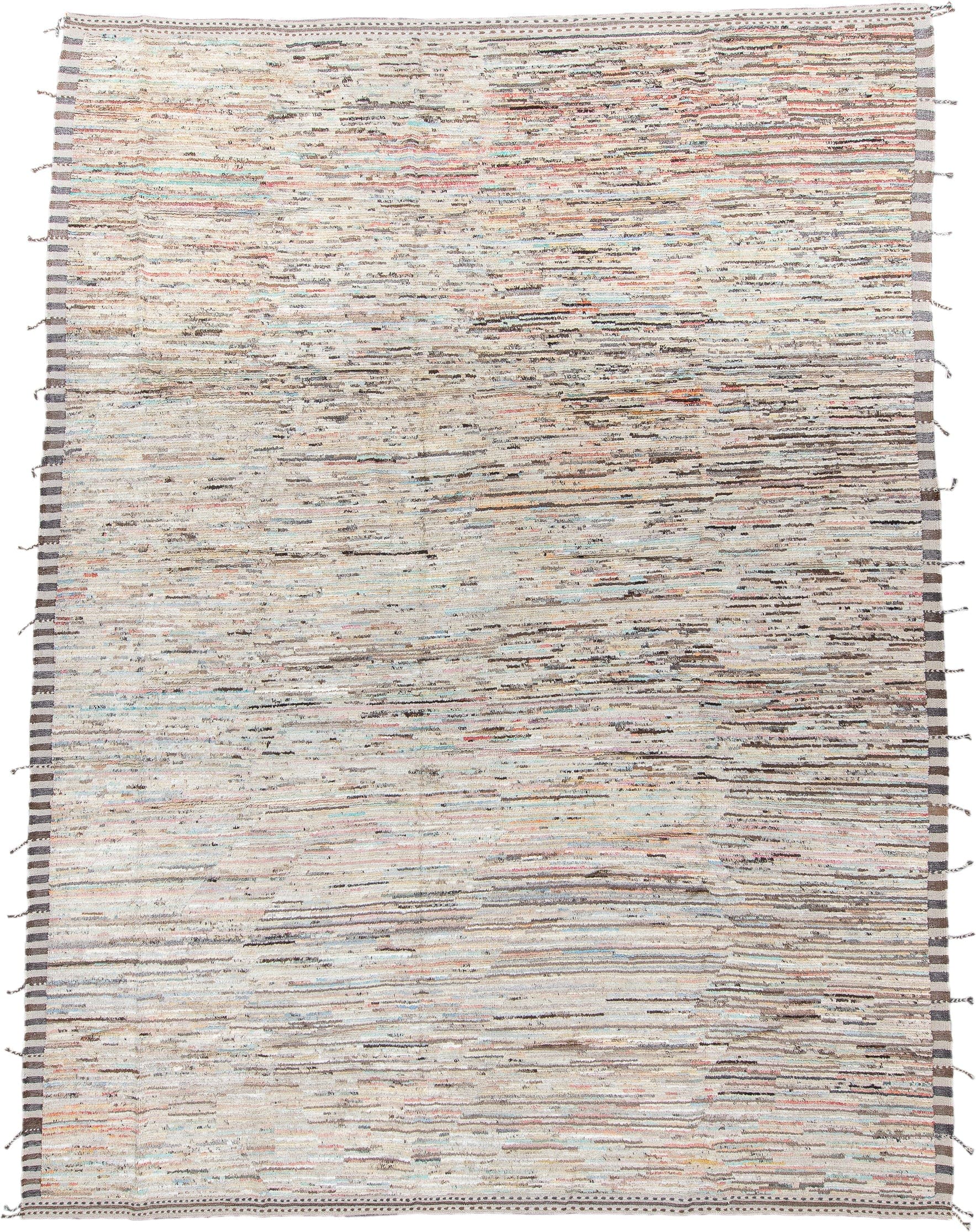 10' x 13' one-of-a-kind handmade vintage Tulu large size rug. Color palette: ivory, taupe, charcoal, cream, pale blue, coral