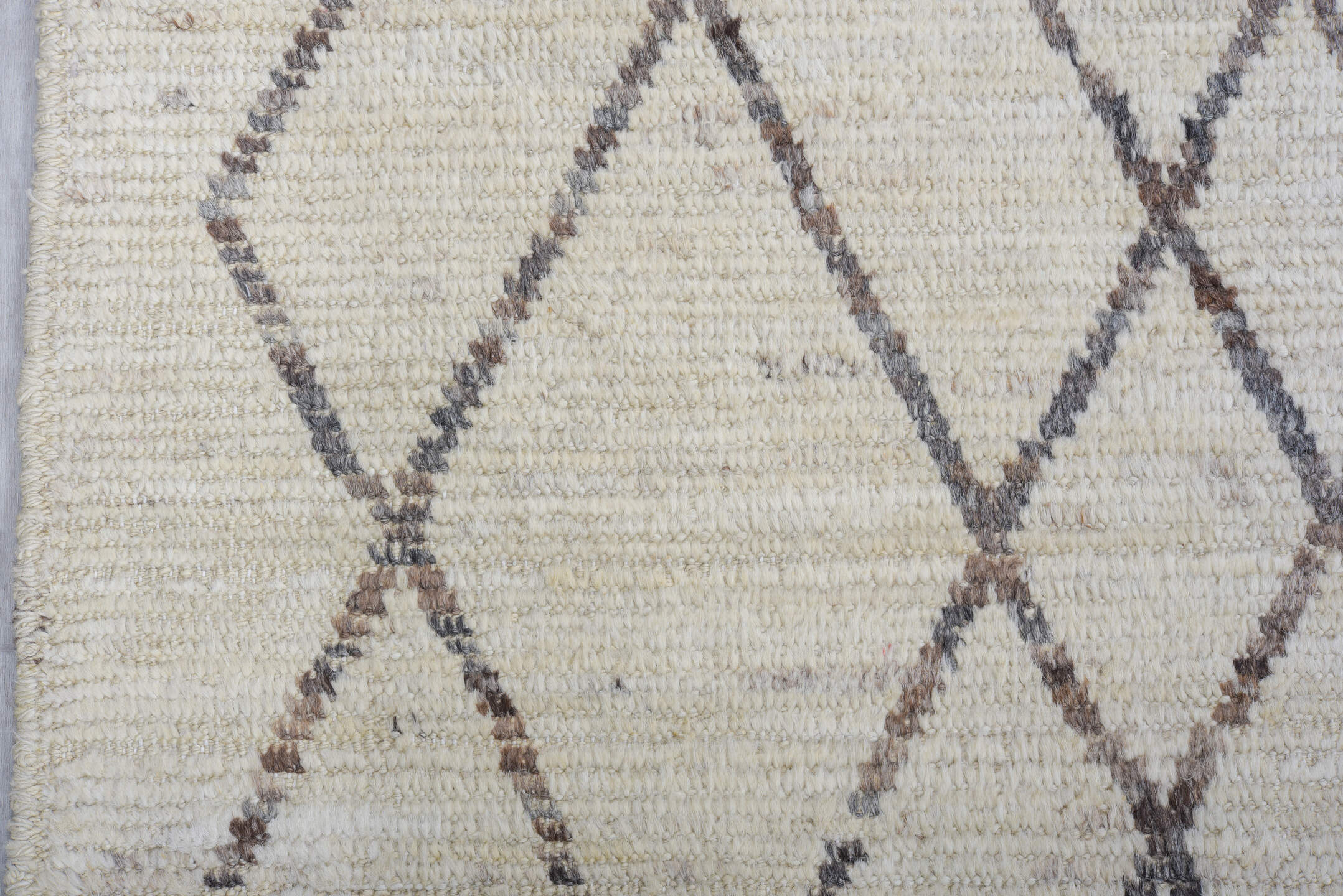 9' x 11' one-of-a-kind handmade vintage Tulu large size rug. Color palette: ivory, taupe, charcoal, cream, beige, gray