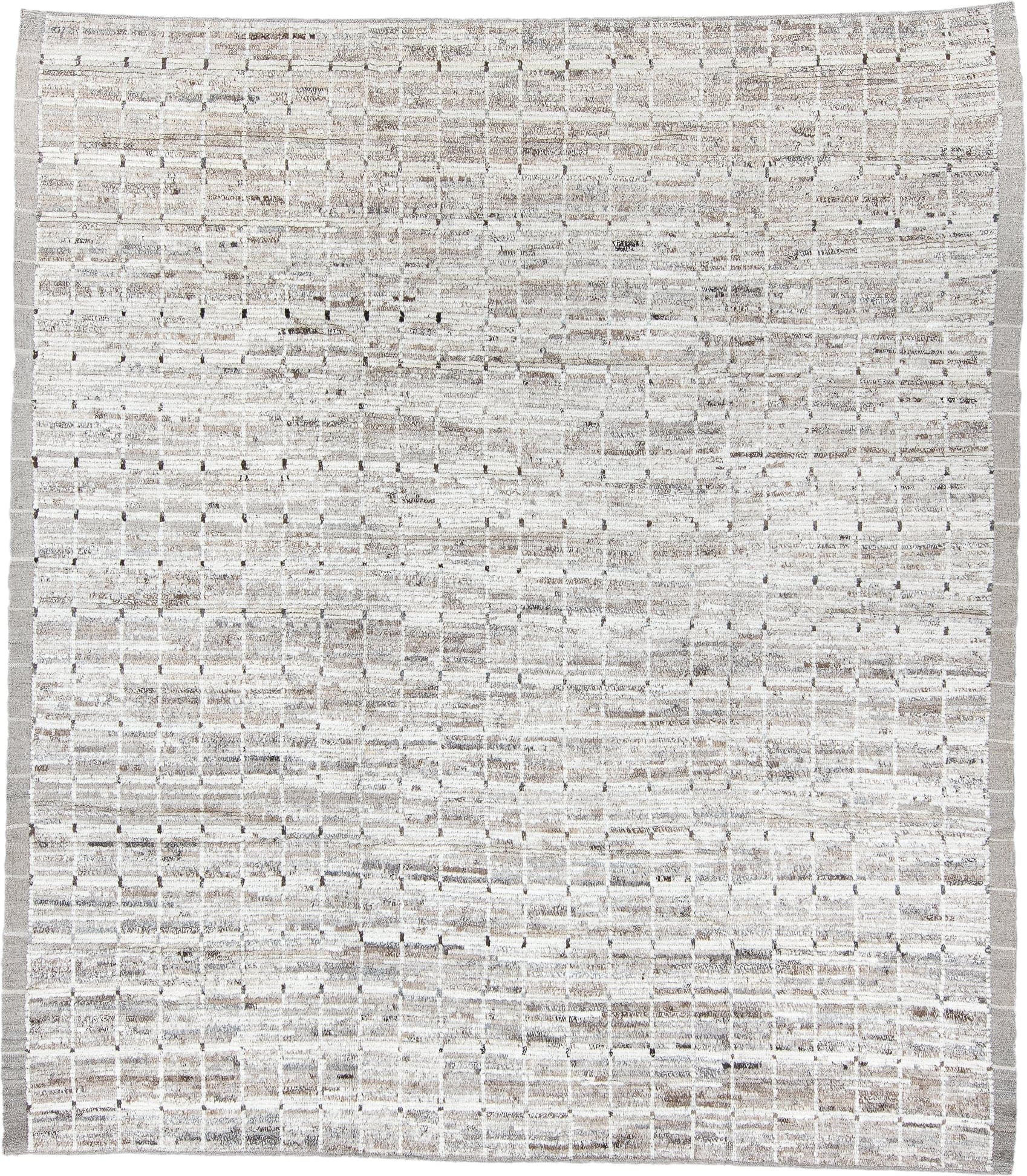 8' x 9' one-of-a-kind handmade vintage Tulu rug. Color palette: ivory, taupe, beige, gray, charcoal, black