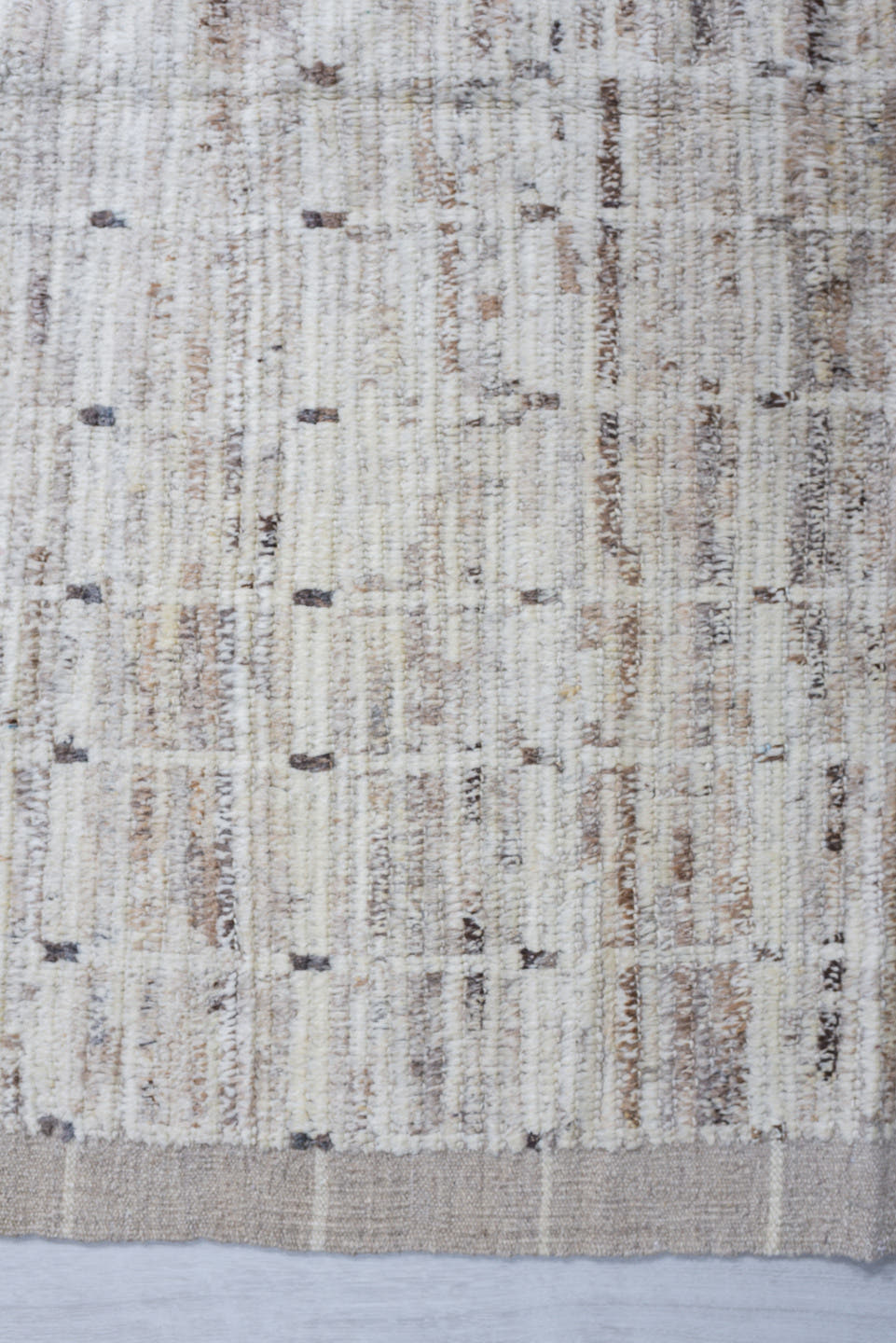 8' x 9' one-of-a-kind handmade vintage Tulu rug. Color palette: ivory, taupe, beige, gray, charcoal, black