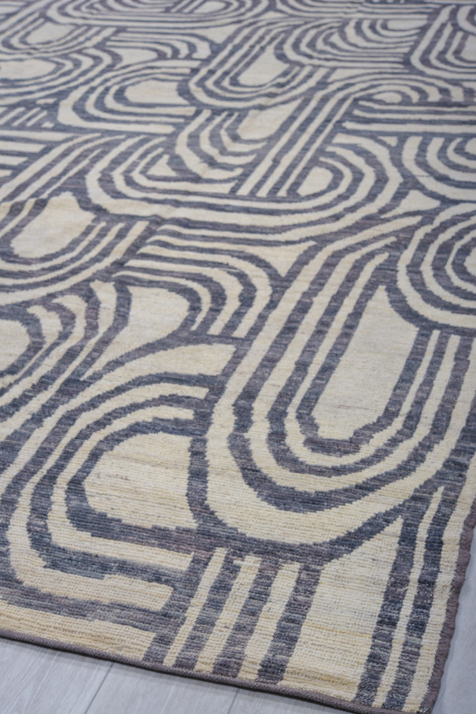 9' x 11' one-of-a-kind handmade vintage Tulu large size rug. Color palette: ivory, charcoal, slate, gray, black