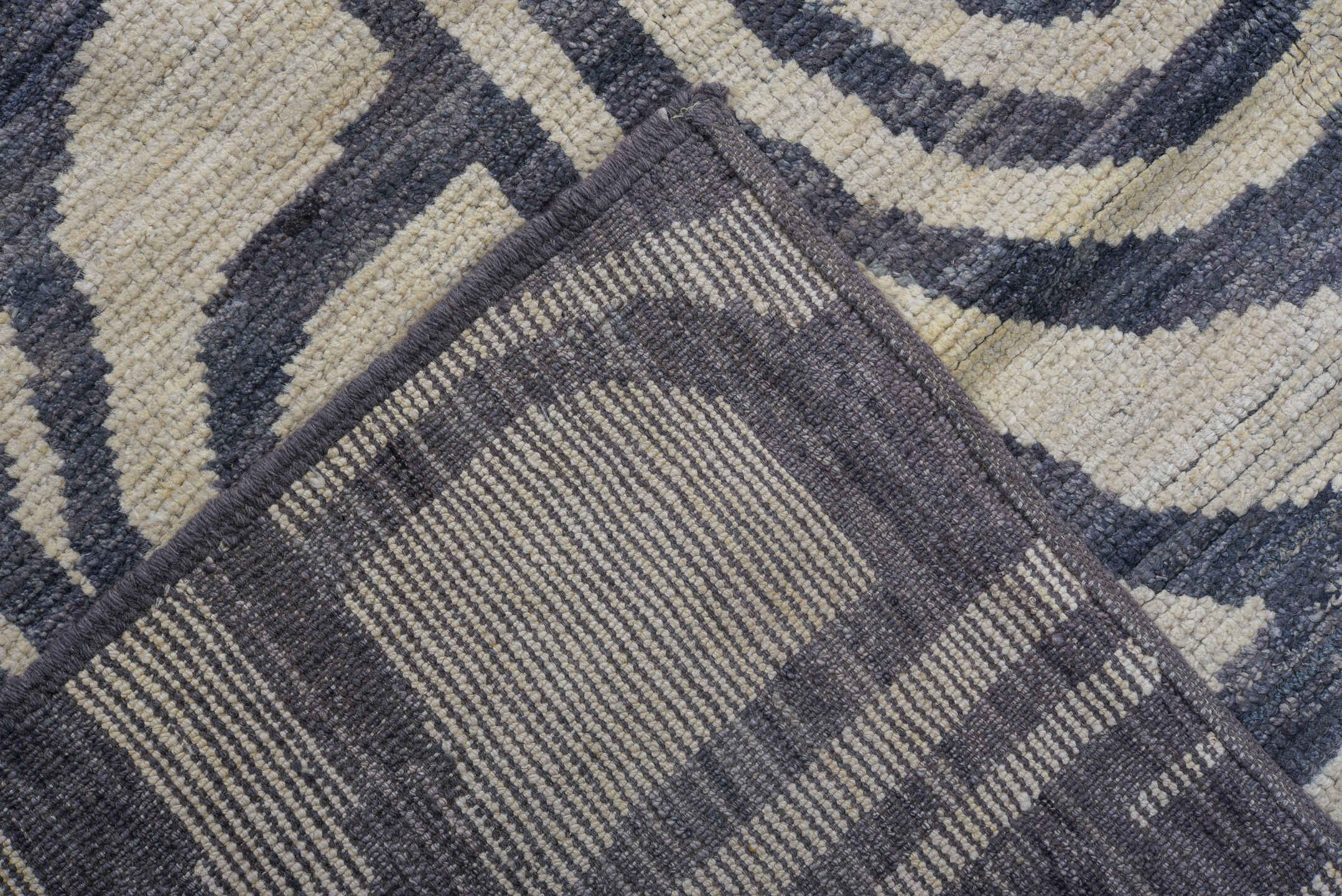 9' x 11' one-of-a-kind handmade vintage Tulu large size rug. Color palette: black, blue, charcoal, dark gray, gray