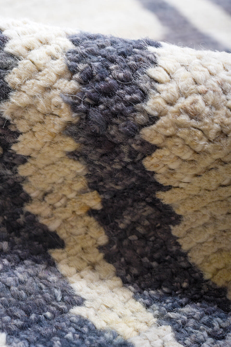 9' x 11' one-of-a-kind handmade vintage Tulu large size rug. Color palette: ivory, charcoal, slate, gray, black