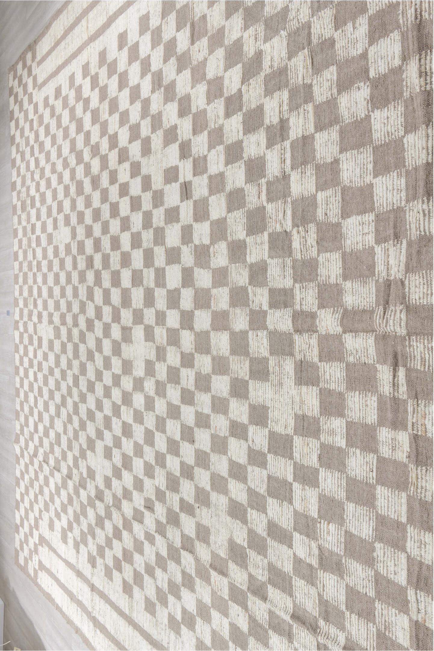 13' x 16' one-of-a-kind handmade vintage Tulu oversize rug. Color palette: ivory, taupe, beige, gray