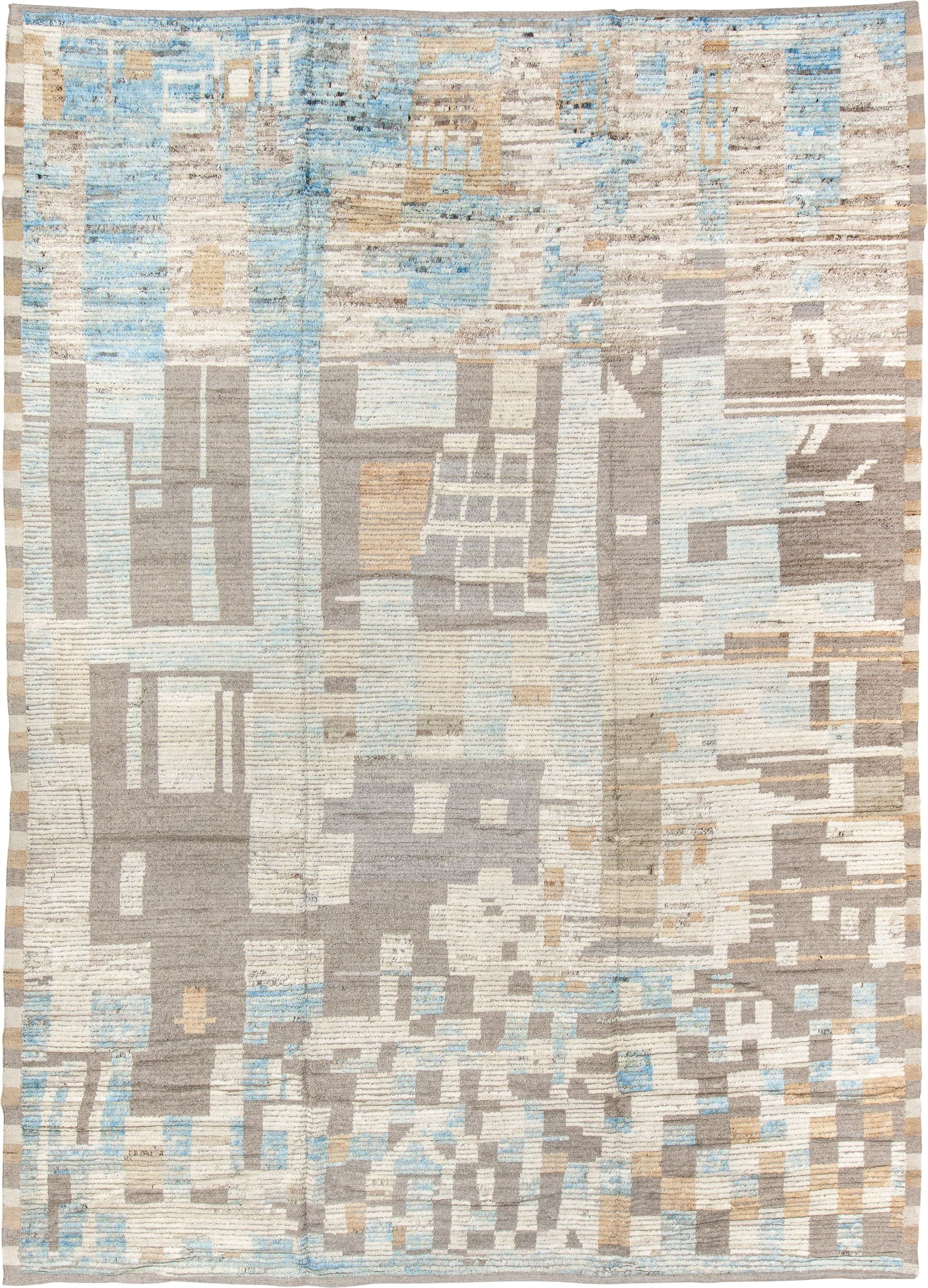 10' x 14' one-of-a-kind handmade vintage Tulu large size rug. Color palette: ivory, taupe, sky blue, beige, light gray, gray