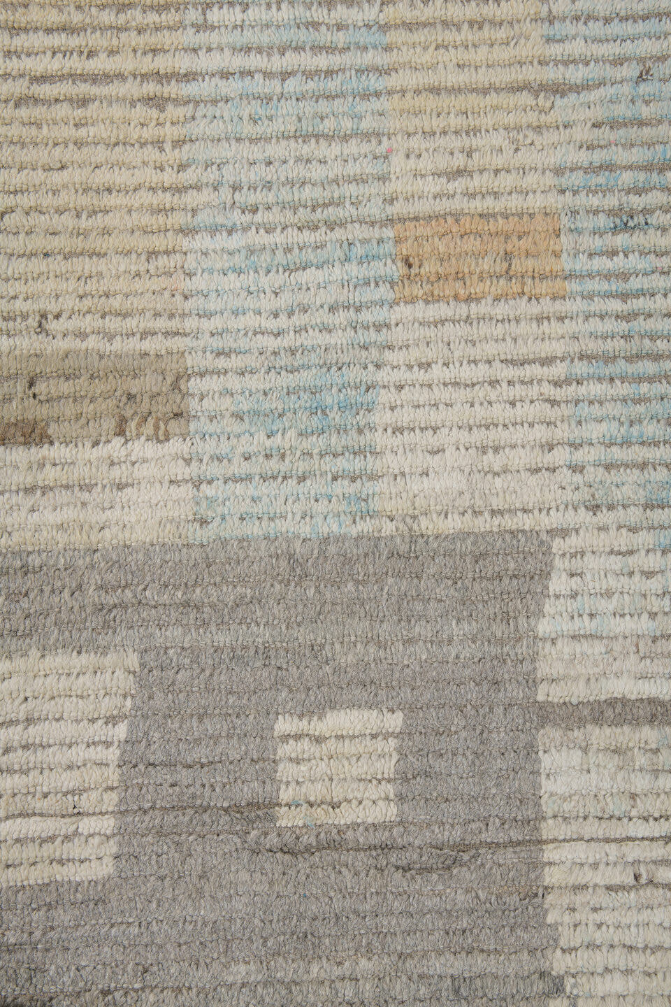 10' x 14' one-of-a-kind handmade vintage Tulu large size rug. Color palette: ivory, taupe, sky blue, beige, light gray, gray