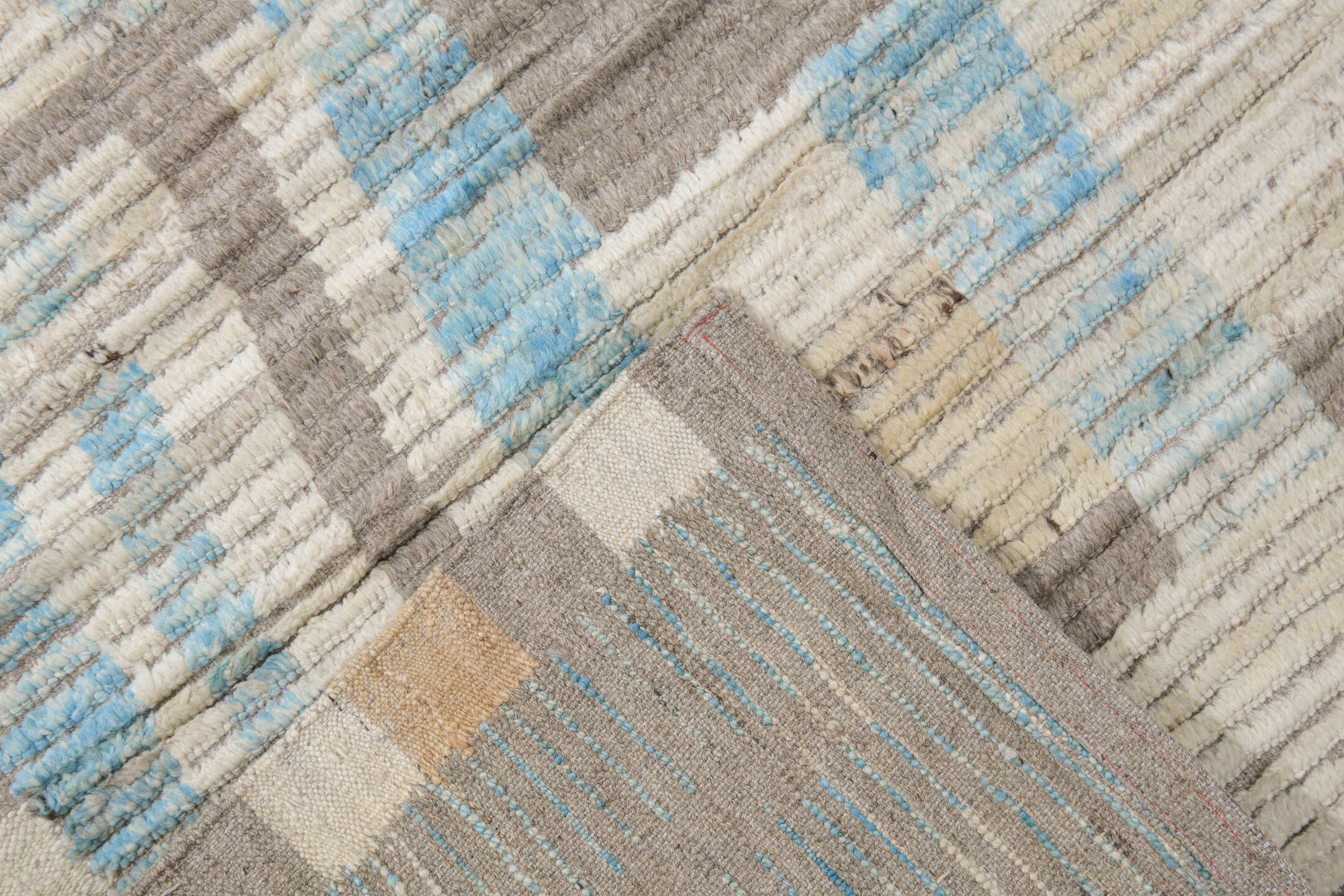 10' x 14' one-of-a-kind handmade vintage Tulu large size rug. Color palette: ivory, taupe, sky blue, beige, light gray, gray