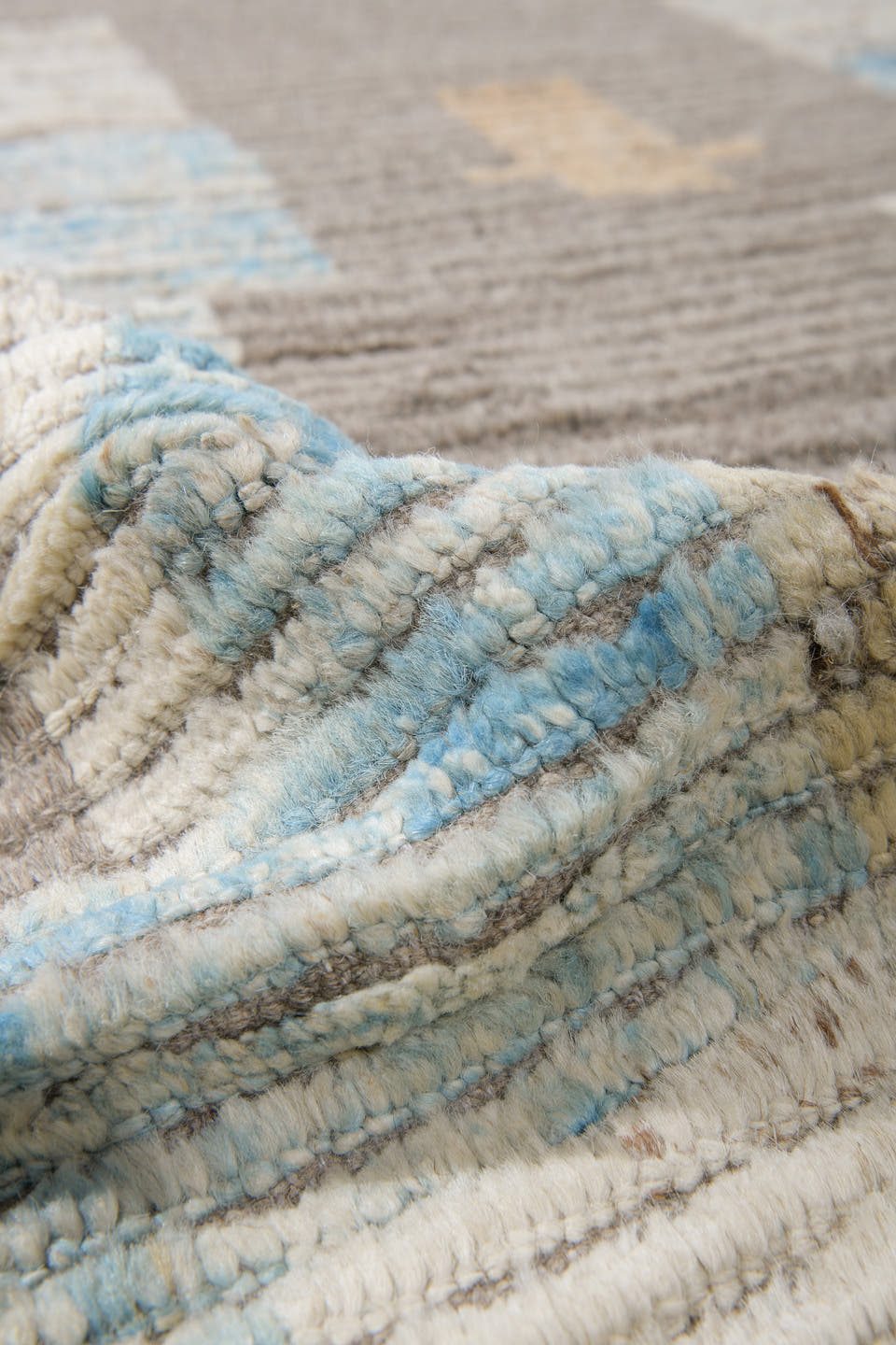10' x 14' one-of-a-kind handmade vintage Tulu large size rug. Color palette: ivory, taupe, sky blue, beige, light gray, gray