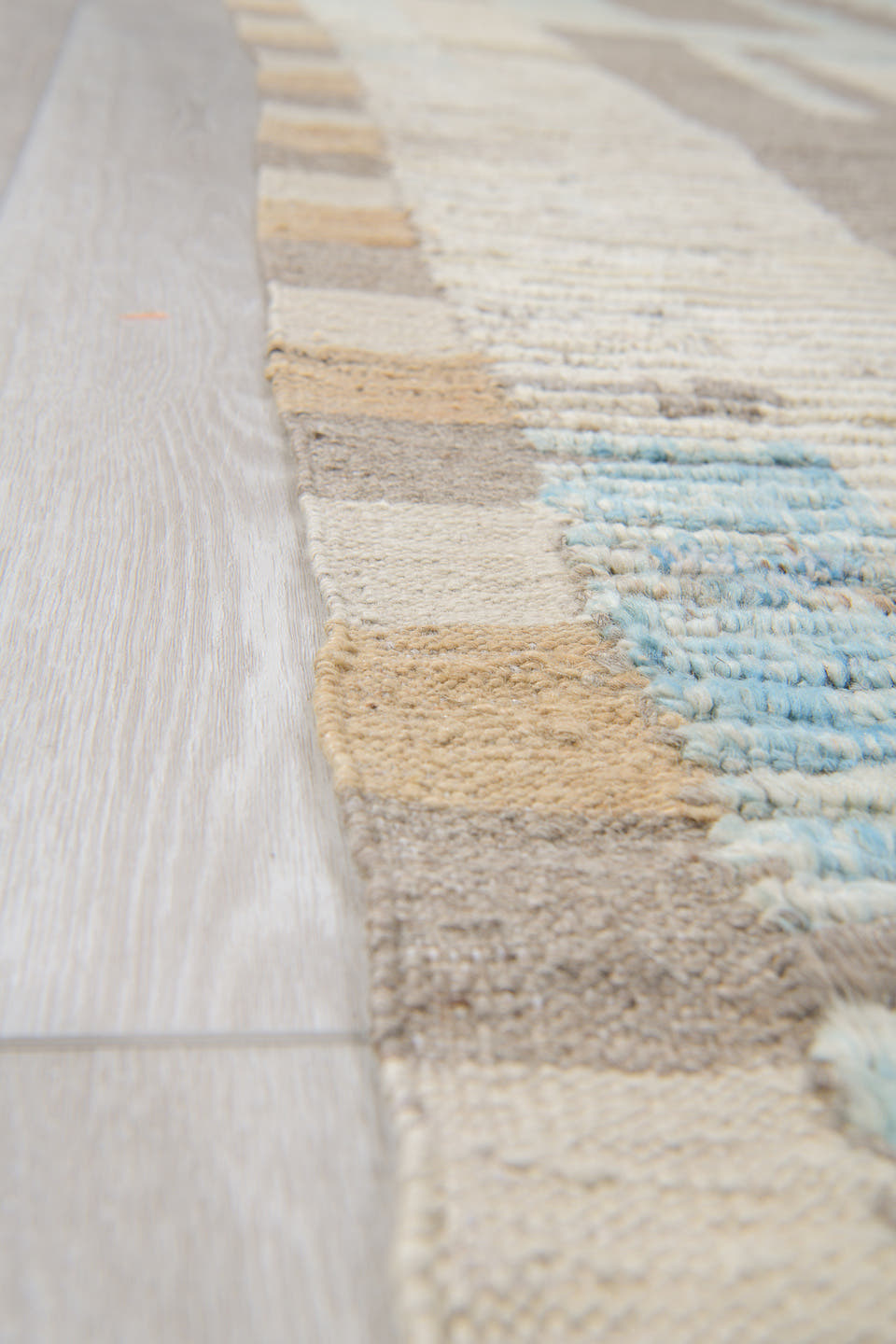 10' x 14' one-of-a-kind handmade vintage Tulu large size rug. Color palette: ivory, taupe, sky blue, beige, light gray, gray