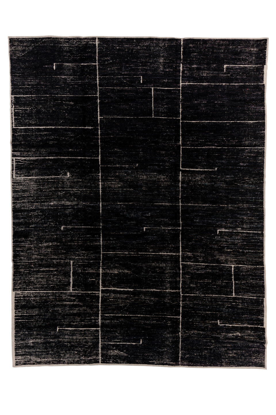 9' x 12' one-of-a-kind handmade vintage Tulu large size rug. Color palette: black, blue, charcoal, gray, light gray