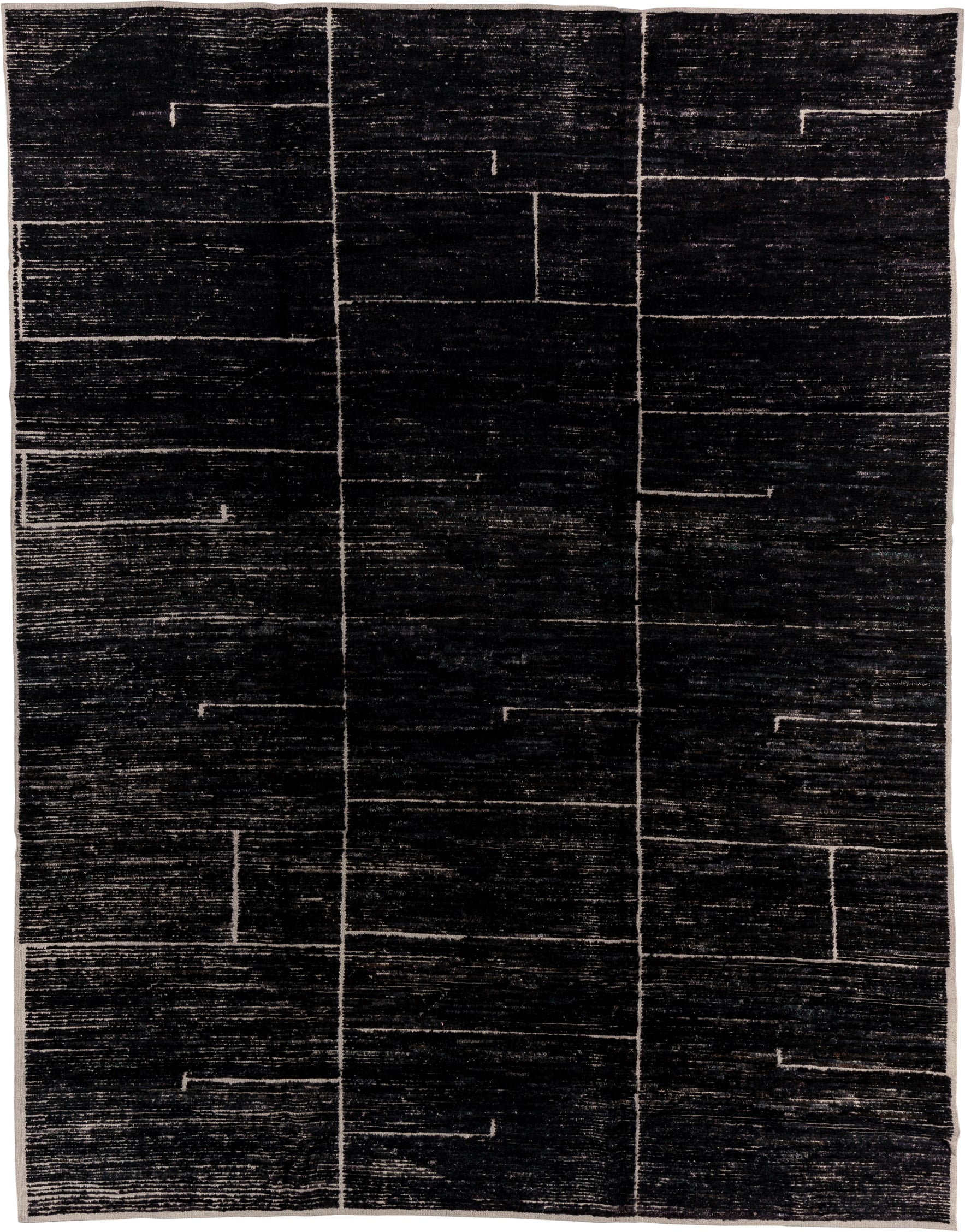 9' x 12' one-of-a-kind handmade vintage Tulu large size rug. Color palette: charcoal, ivory, ebony, taupe, gray, black