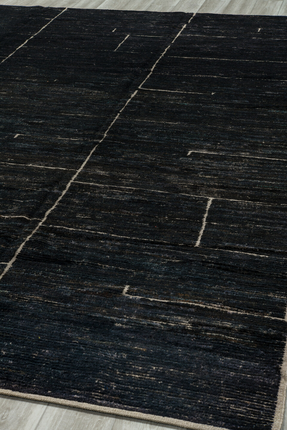 9' x 12' one-of-a-kind handmade vintage Tulu large size rug. Color palette: charcoal, ivory, ebony, taupe, gray, black
