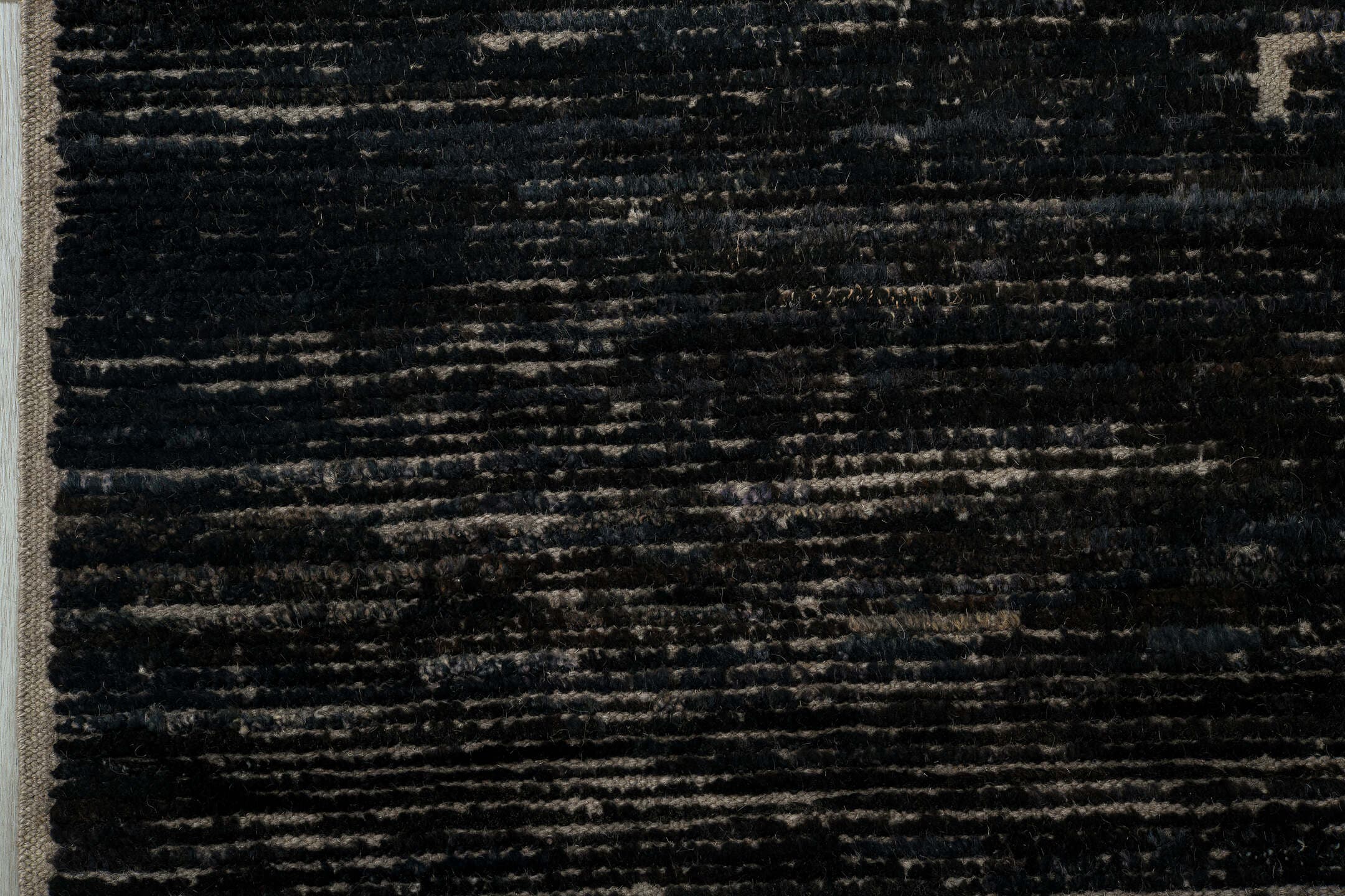 9' x 12' one-of-a-kind handmade vintage Tulu large size rug. Color palette: charcoal, ivory, ebony, taupe, gray, black