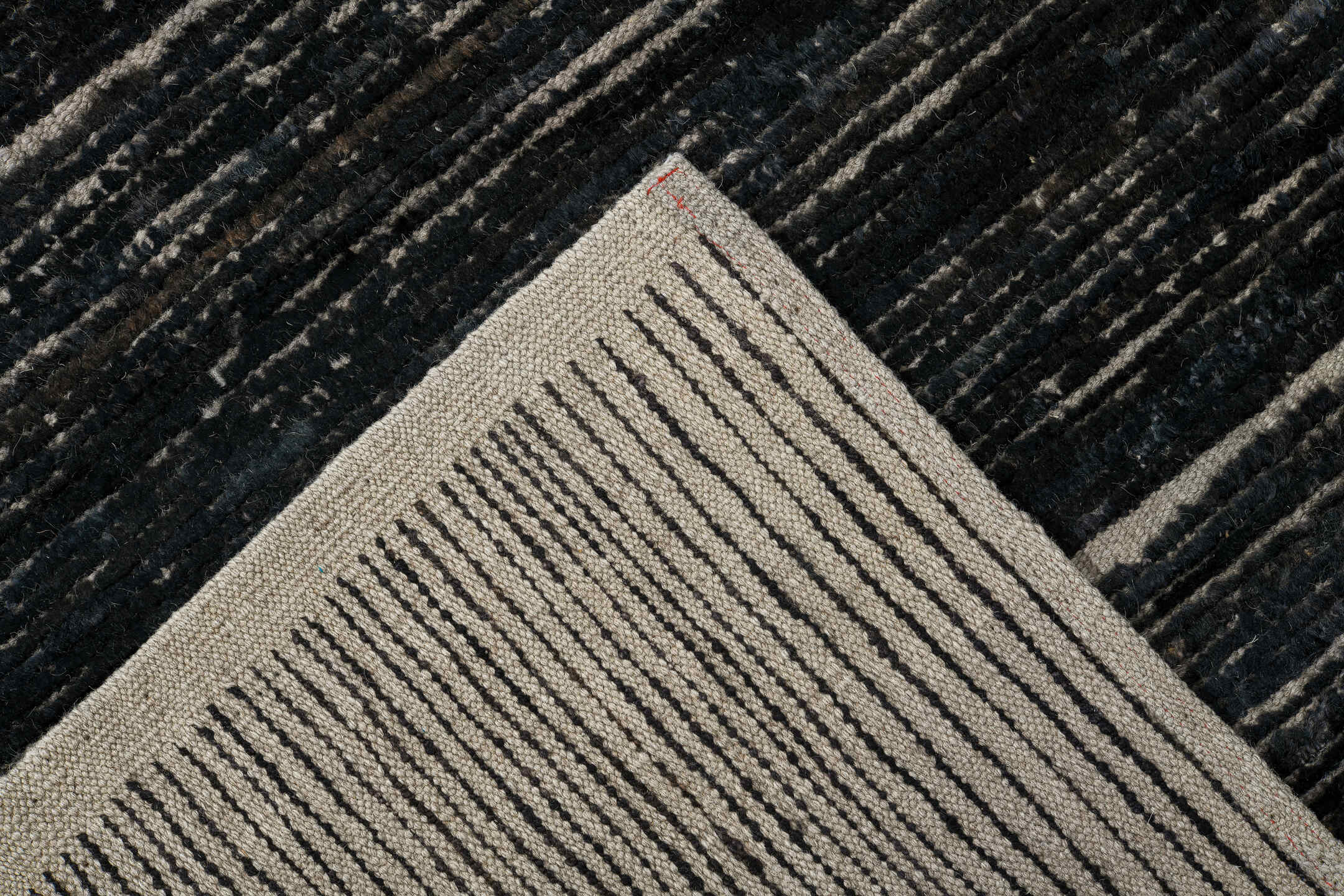 9' x 12' one-of-a-kind handmade vintage Tulu large size rug. Color palette: charcoal, ivory, ebony, taupe, gray, black