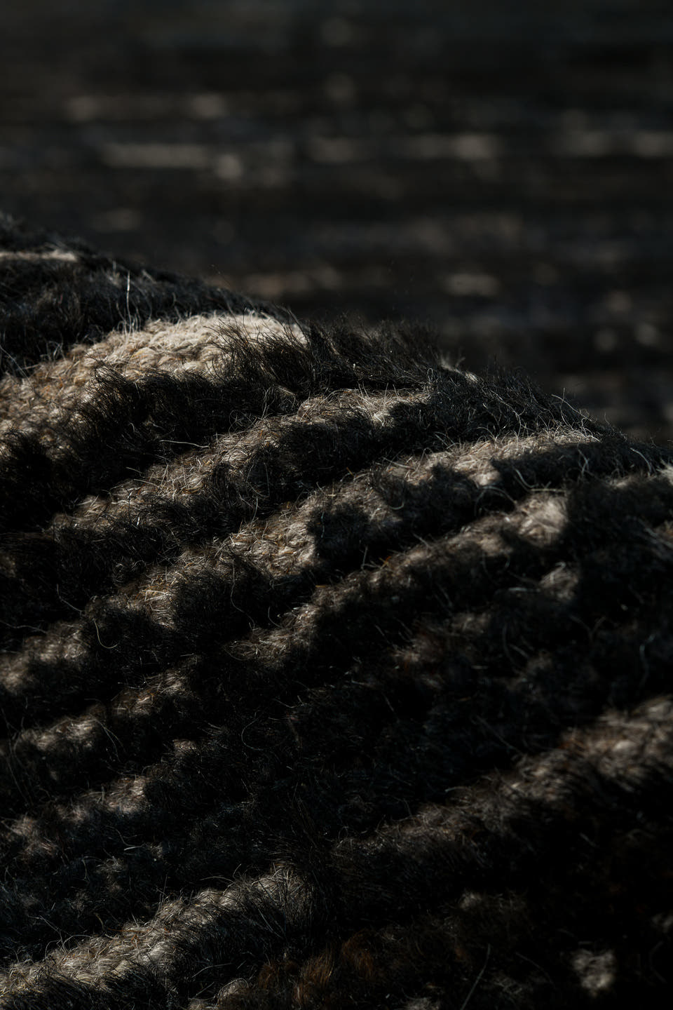 9' x 12' one-of-a-kind handmade vintage Tulu large size rug. Color palette: charcoal, ivory, ebony, taupe, gray, black