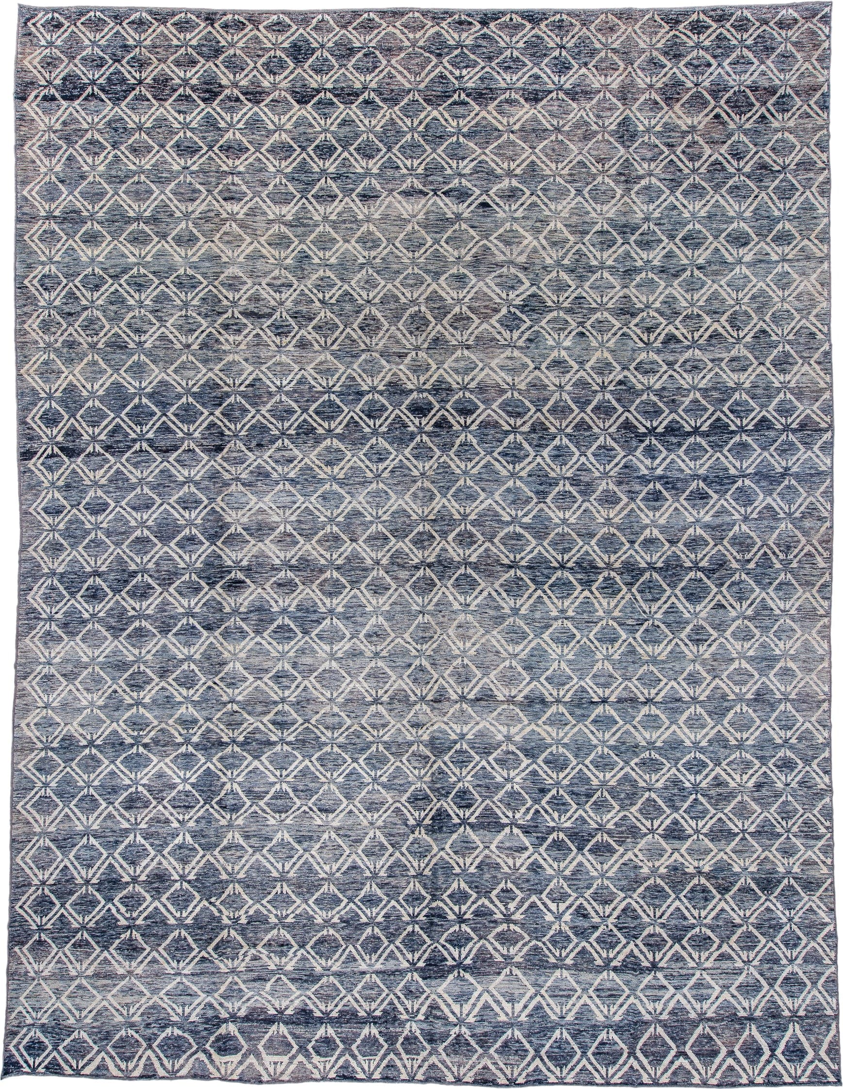 13' x 17' one-of-a-kind handmade vintage Tulu oversize rug. Color palette: blue, ivory, slate, denim, gray