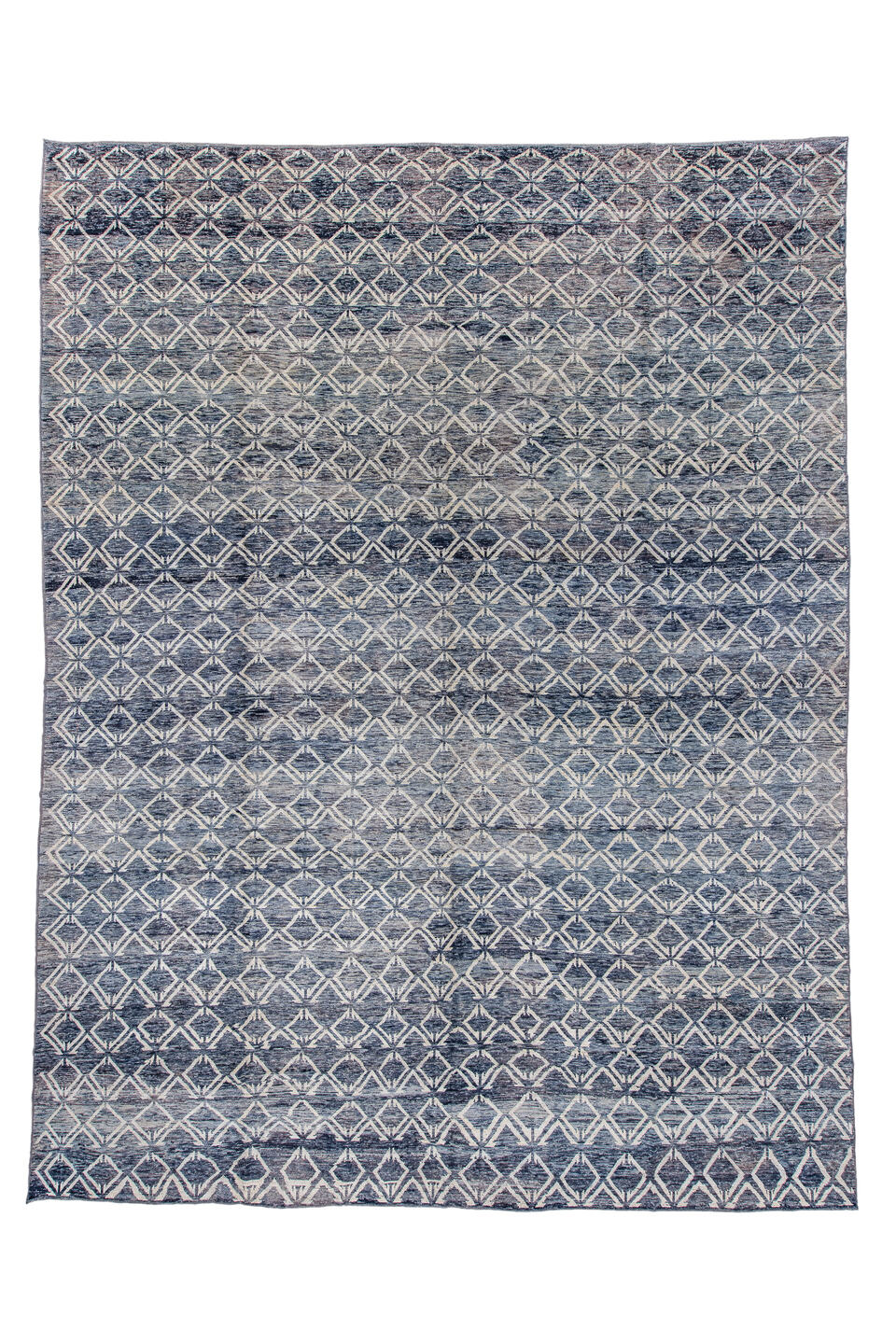13' x 17' one-of-a-kind handmade vintage Tulu oversize rug. Color palette: blue, dark gray, gainsboro, gray, light gray