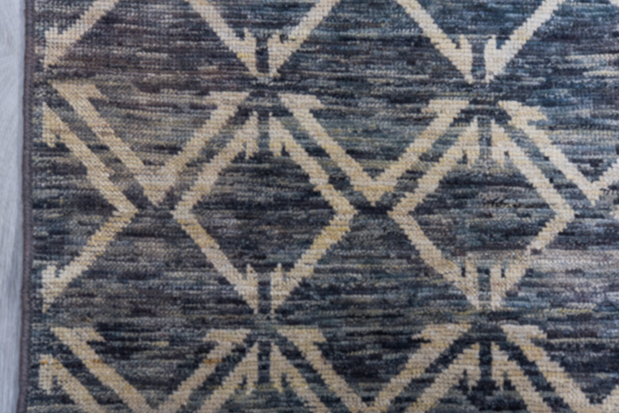 13' x 17' one-of-a-kind handmade vintage Tulu oversize rug. Color palette: blue, dark gray, gainsboro, gray, light gray