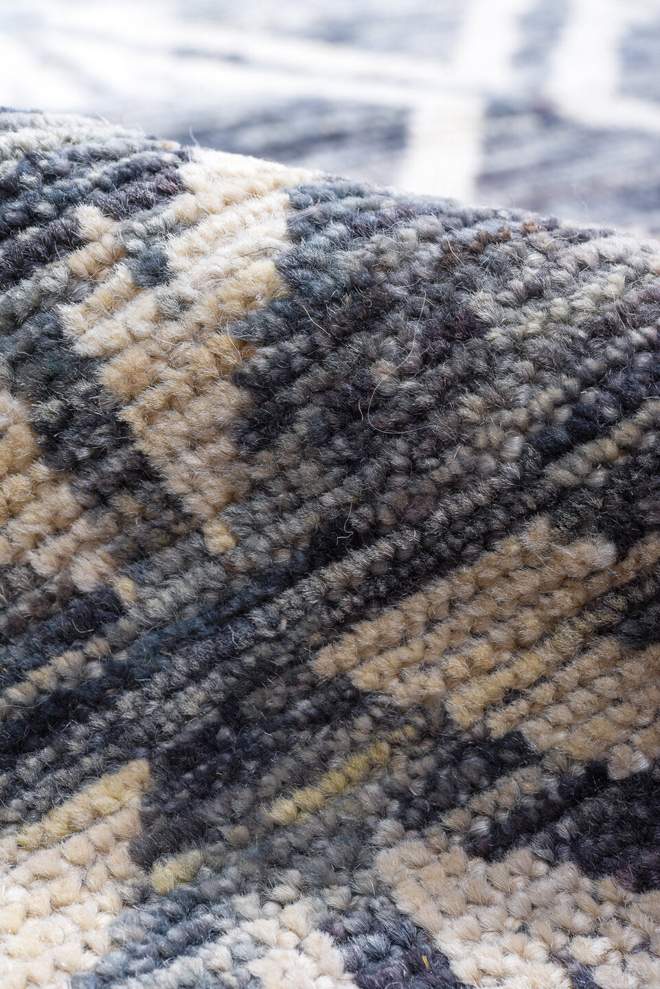 13' x 17' one-of-a-kind handmade vintage Tulu oversize rug. Color palette: blue, dark gray, gainsboro, gray, light gray