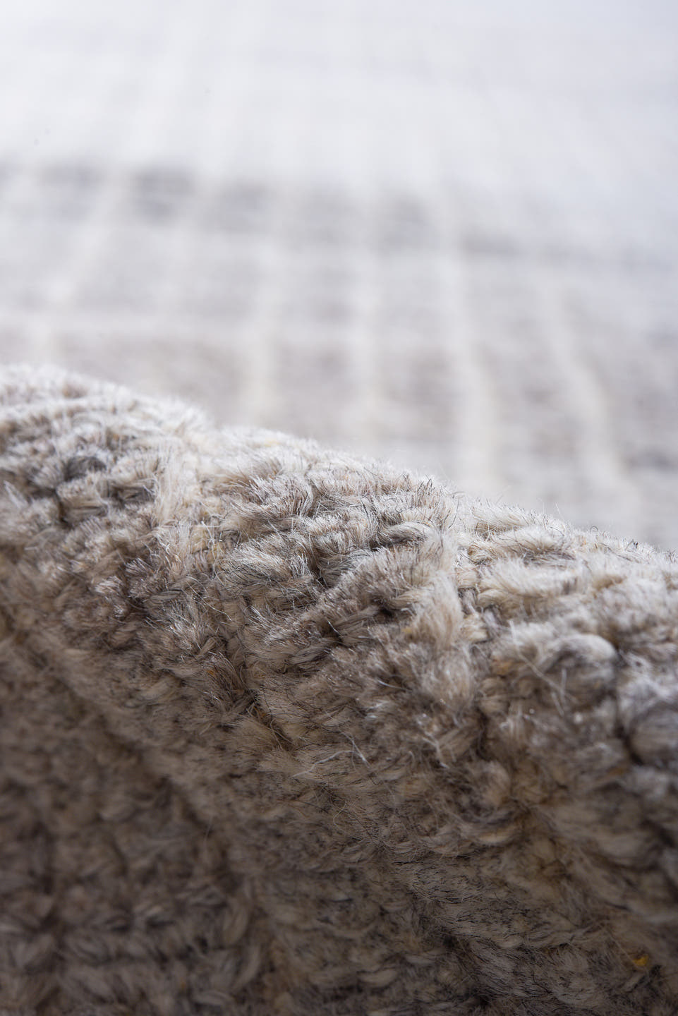9' x 12' one-of-a-kind handmade vintage Tulu large size rug. Color palette: gray, ivory, taupe, charcoal, beige, black