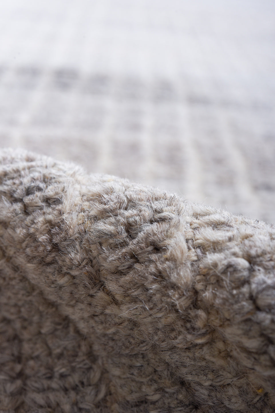 9' x 12' one-of-a-kind handmade vintage Tulu large size rug. Color palette: gray, ivory, taupe, charcoal, beige, black