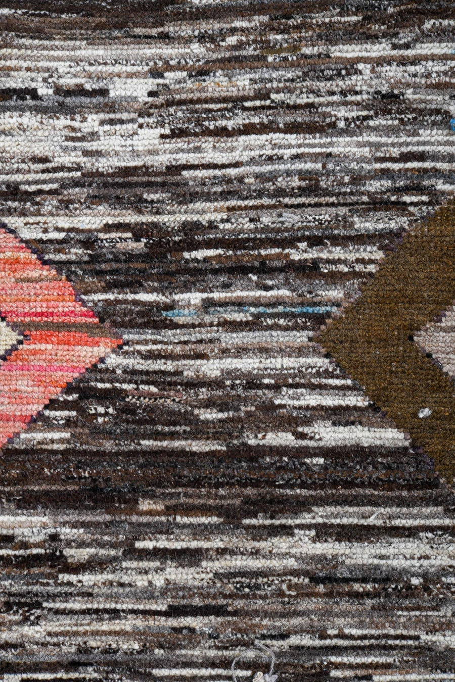 10' x 13' one-of-a-kind handmade vintage Tulu large size rug. Color palette: brown, ivory, aqua, taupe, blush, cream, teal