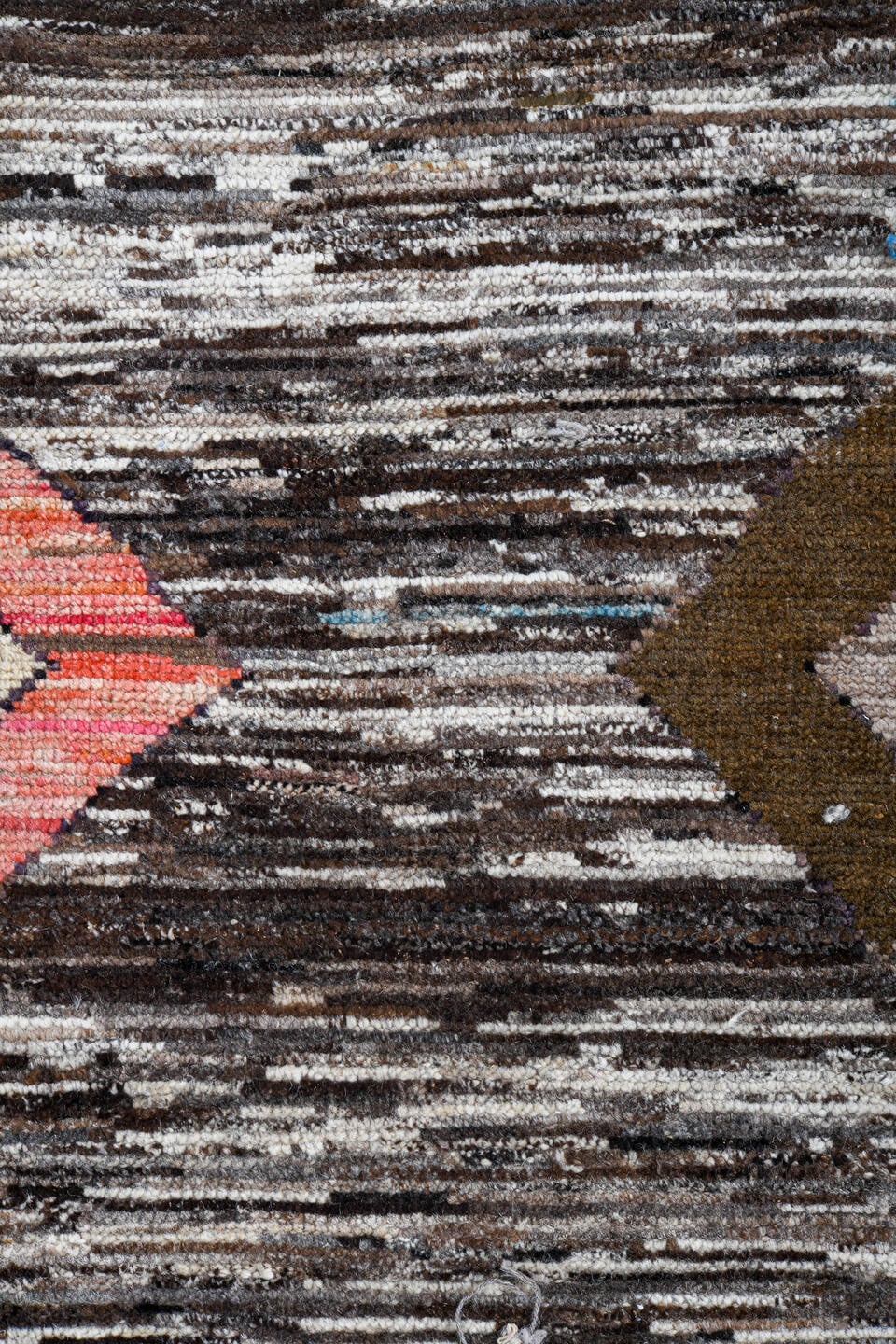 10' x 13' one-of-a-kind handmade vintage Tulu large size rug. Color palette: brown, ivory, aqua, taupe, blush, cream, teal