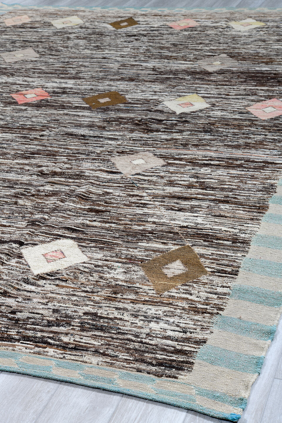 10' x 13' one-of-a-kind handmade vintage Tulu large size rug. Color palette: brown, ivory, aqua, taupe, blush, cream, teal
