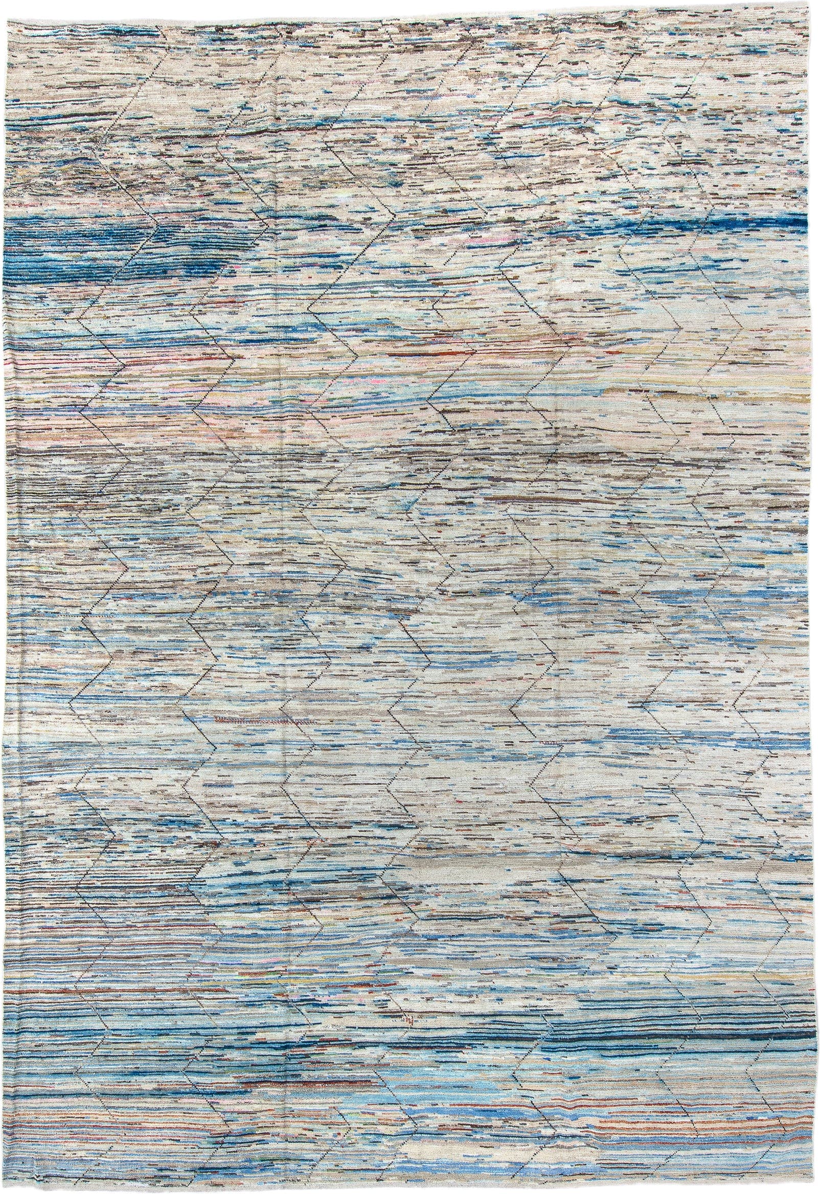 9' x 14' one-of-a-kind handmade vintage Tulu large size rug. Color palette: ivory, sky_blue, slate, taupe, cream, blush