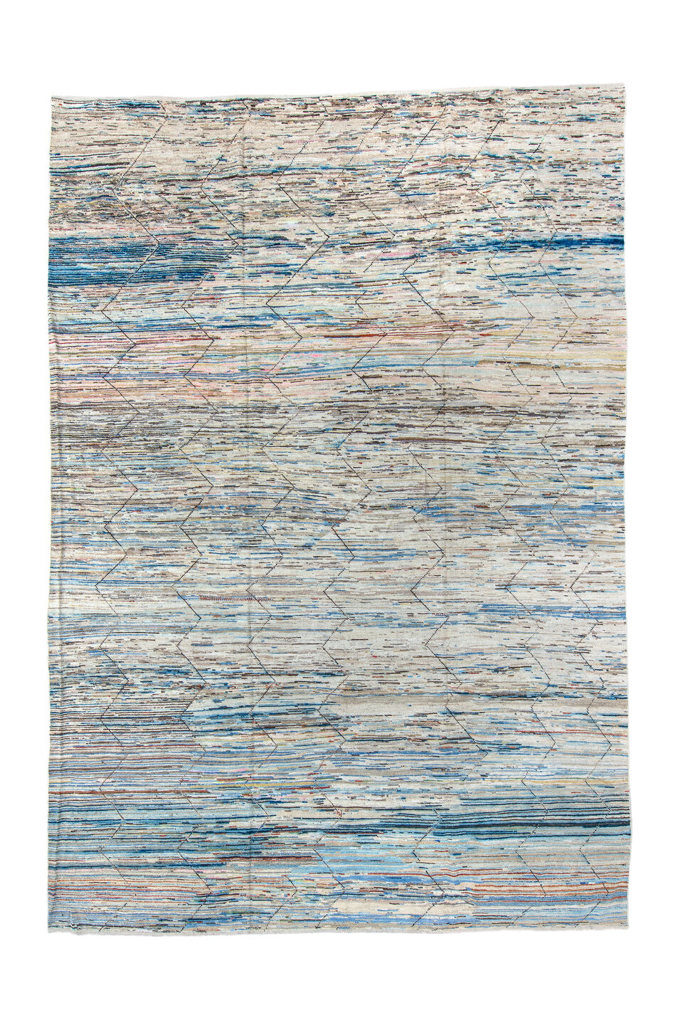 9' x 14' one-of-a-kind handmade vintage Tulu large size rug. Color palette: black, blue, charcoal, dim gray, gainsboro, gray