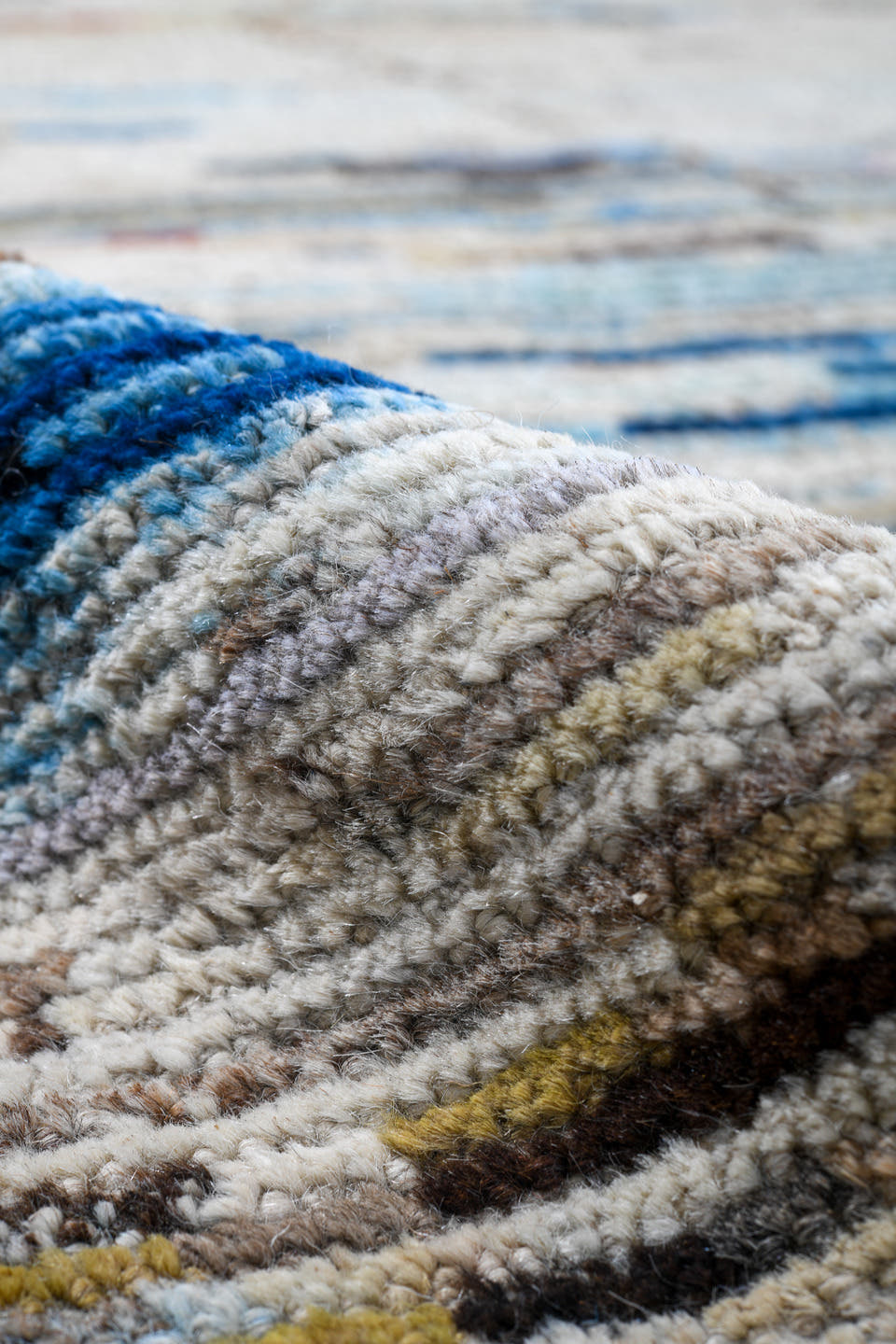 9' x 14' one-of-a-kind handmade vintage Tulu large size rug. Color palette: ivory, sky_blue, slate, taupe, cream, blush