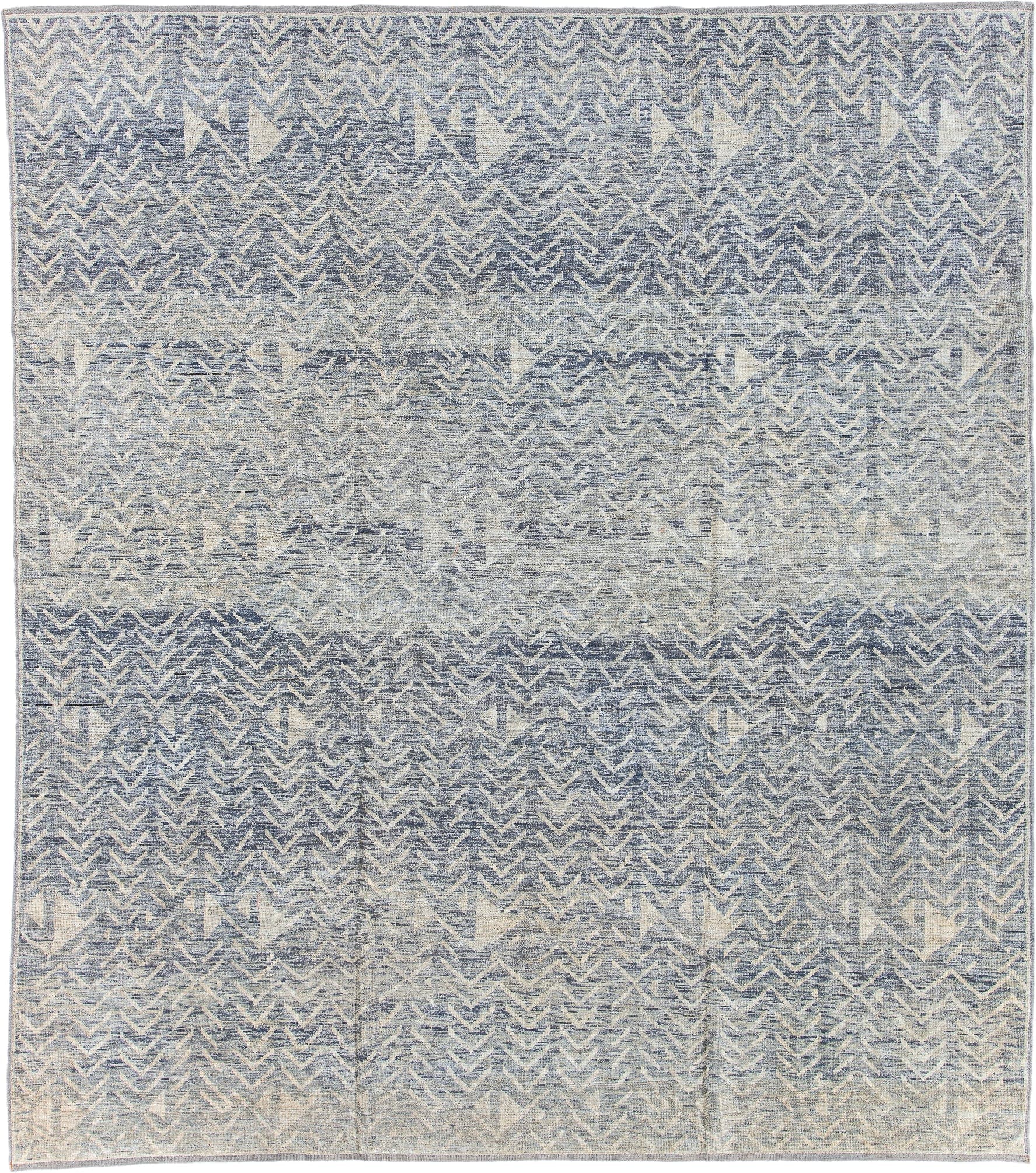 9' x 10' one-of-a-kind handmade vintage Tulu large size rug. Color palette: ivory, slate, pale blue, light gray, gray