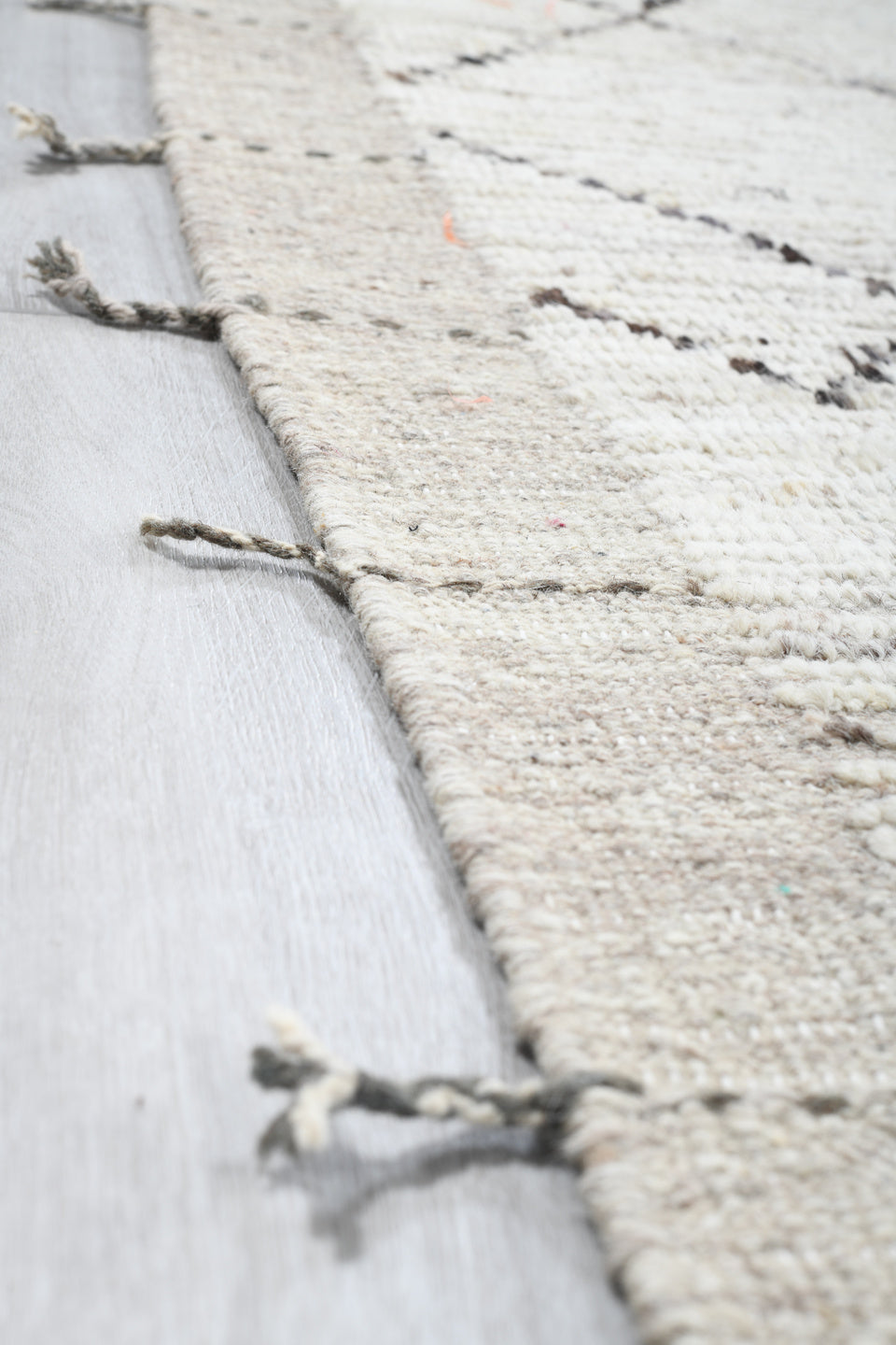10' x 14' one-of-a-kind handmade vintage Tulu large size rug. Color palette: ivory, taupe, charcoal, cream, beige, gray