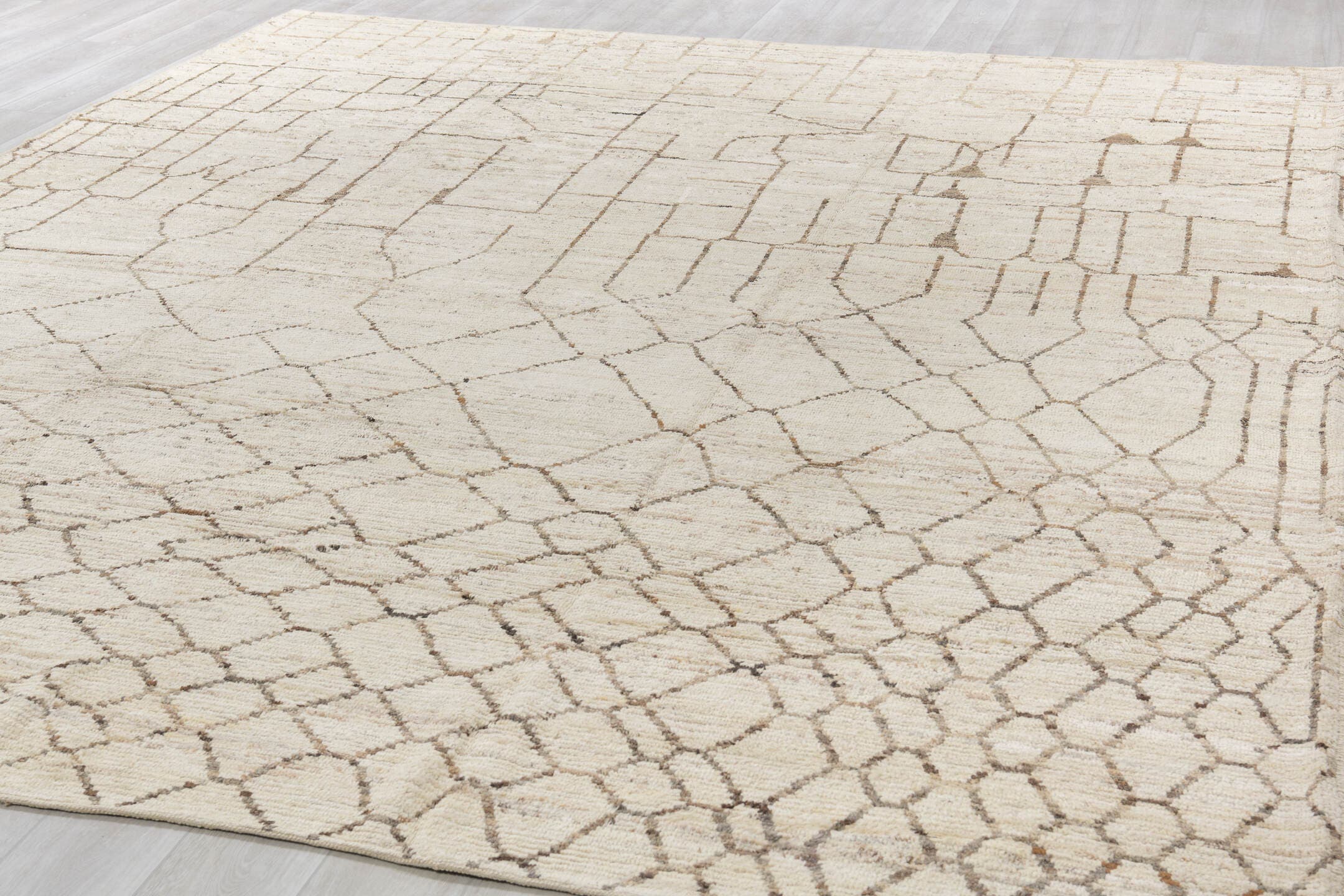 10' x 13' one-of-a-kind handmade vintage Tulu large size rug. Color palette: ivory, taupe, charcoal, cream, beige, gray