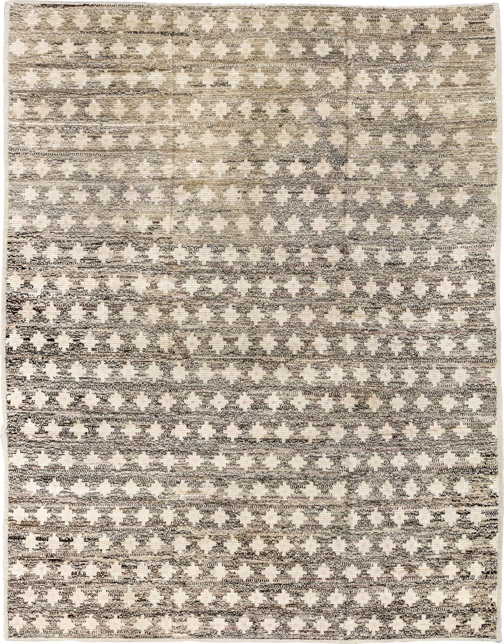 9' x 12' one-of-a-kind handmade vintage Tulu large size rug. Color palette: ivory, taupe, charcoal, cream, beige, gray